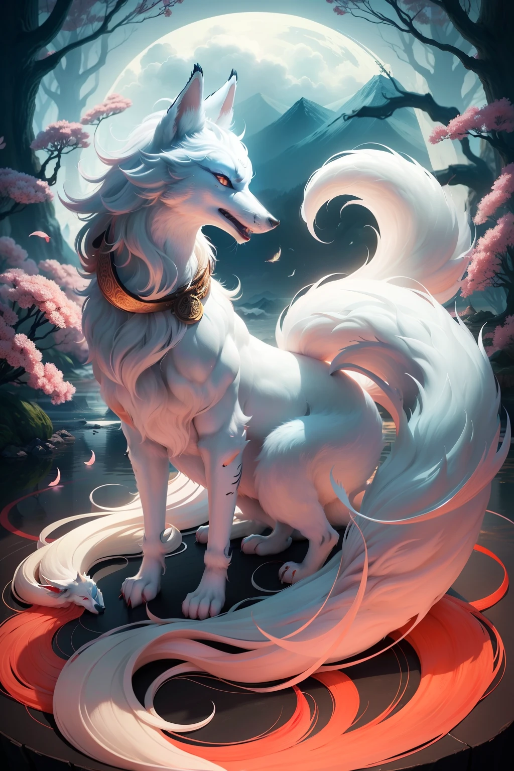 White three-tailed fox, Chinese myth, kitsune, olhos negros,  Peach Blossom Forest, magnificent clouds, fantasia, misterio, China antiga --AR 3:4 --niji 5