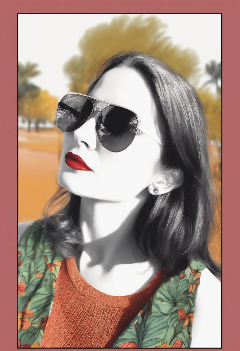 Draw a cute and small woman wearing sunglasses, curtindo um dia ensolarado no parque.