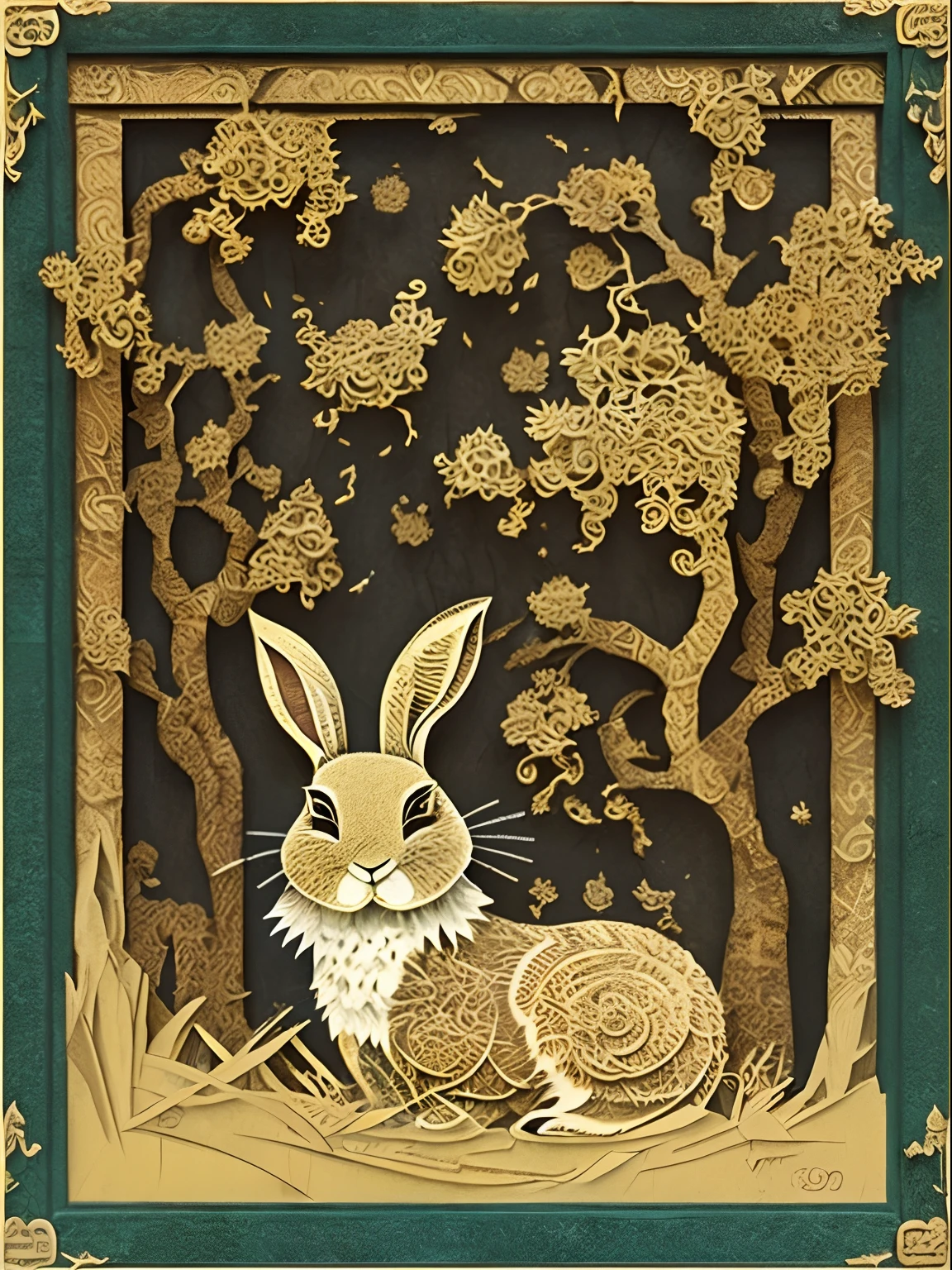 MDJRNY-PPRCT，(Big rabbit:1.5)，Mid-Autumn Festival，Festival lanterns，The background is an ancient Chinese street，Oriental style pattern，exquisitedetails，arte em papel cortado，s fractal art，opulent,(high detal:1.2)