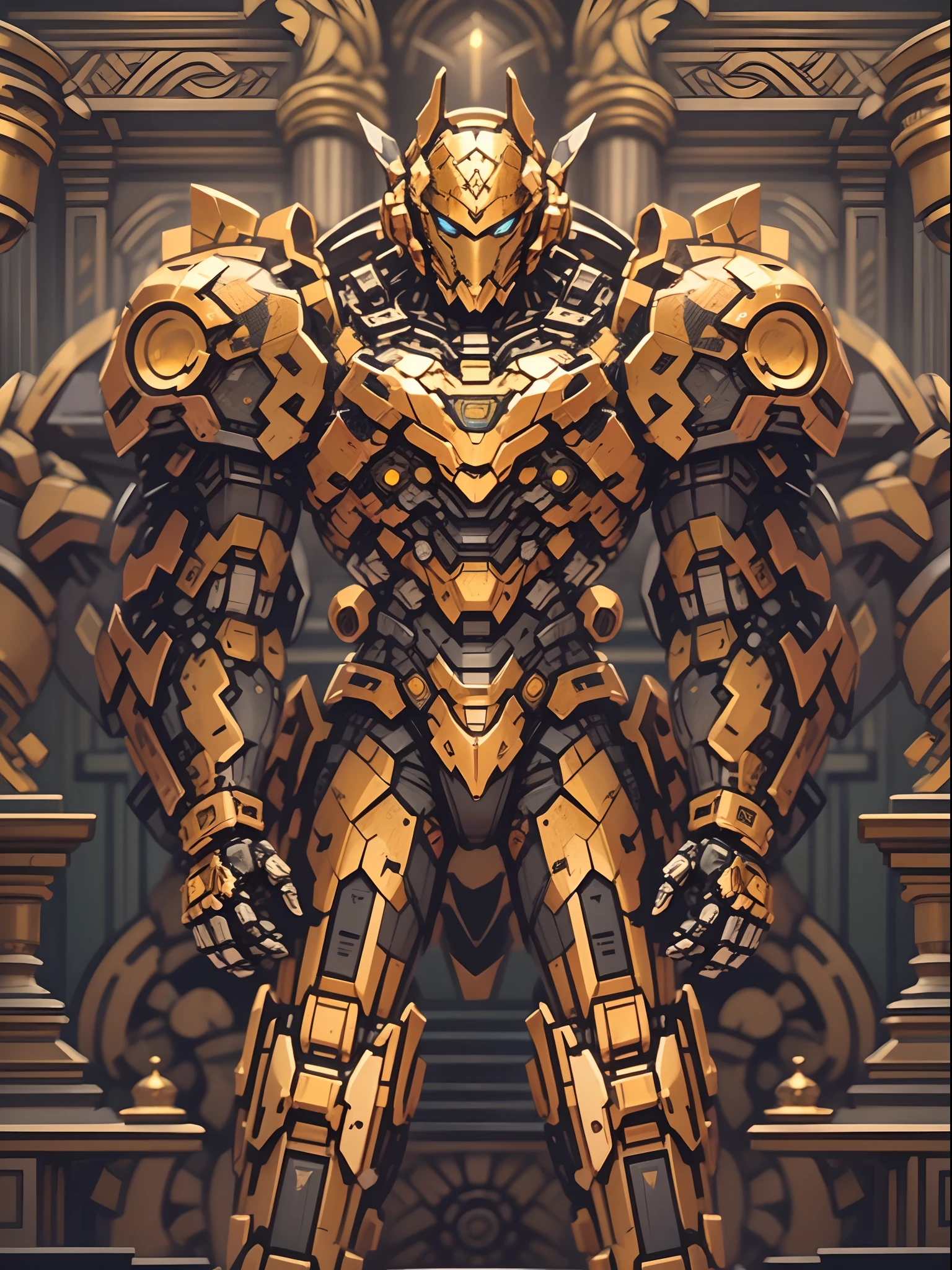 Intricately detailed Baroque-style mecha robot, engraved armor, cowboy shot, a golden palace in the background, cinematic lighting.