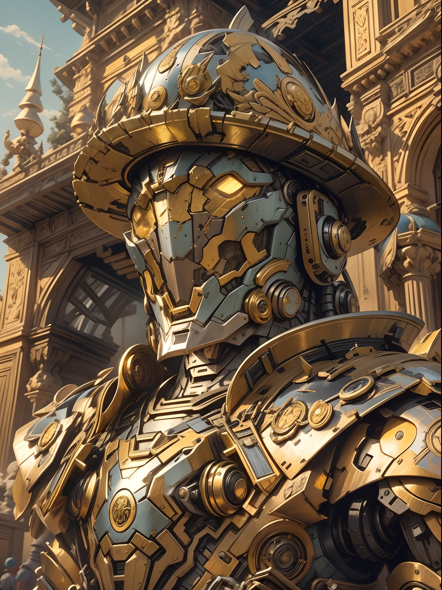 Intricately detailed Baroque-style mecha robot, engraved armor, cowboy shot, a golden palace in the background, cinematic lighting.