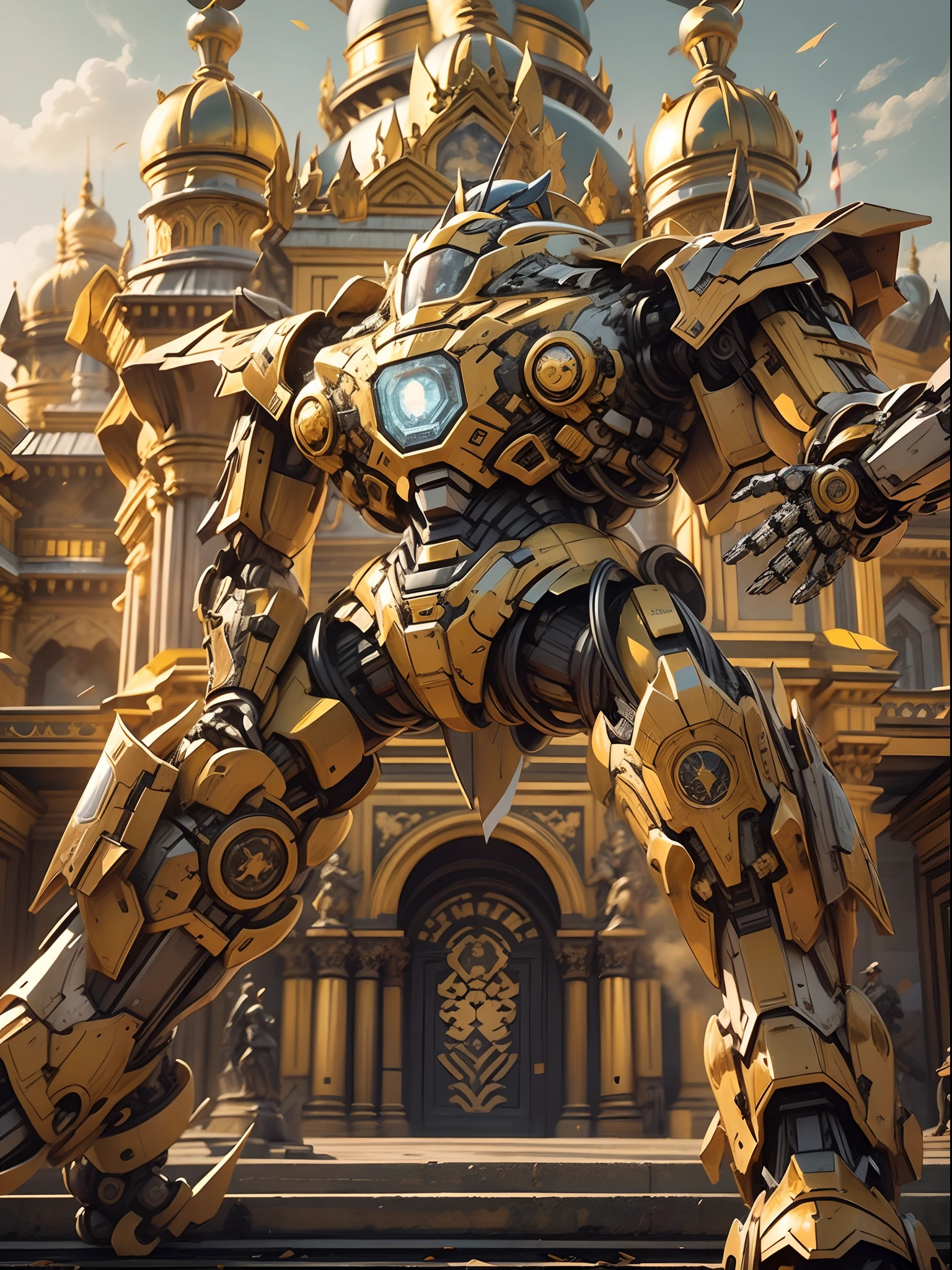 Intricately detailed Baroque-style mecha robot, engraved armor, cowboy shot, a golden palace in the background, cinematic lighting.
