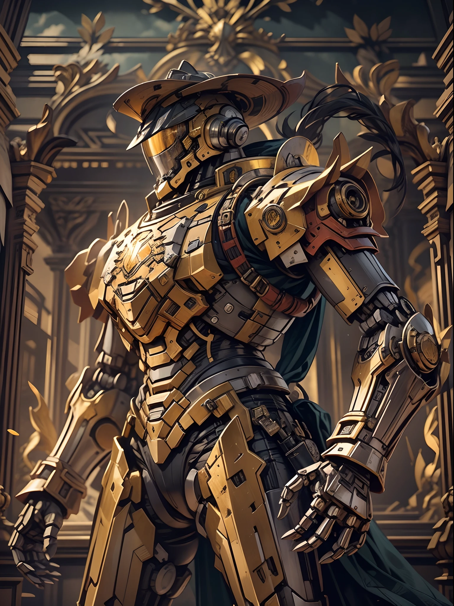 Intricately detailed Baroque-style mecha robot, engraved armor, cowboy shot, a golden palace in the background, cinematic lighting.