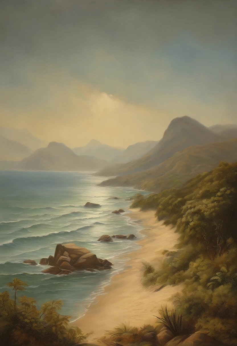 an oil painting of Baden Powell, standing tall on the Rio de Janeiro beach, framed by the majestic landscape of the mountains and the sprawling city in the distance. The painting captures the rich textures of the sand, water, and foliage with intricate detail. The color palette is earthy and warm, with shades of gold and green dominating the scene. Baden Powell's face is etched with wisdom and determination, his eyes fixed on the horizon. The lighting creates a dramatic interplay of shadows and highlights, adding depth to the composition. The atmosphere exudes a sense of reverence for nature and the pioneering spirit.