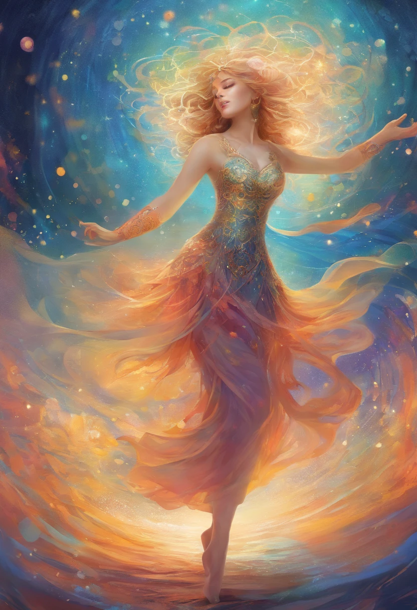 A mesmerizing scene unfolds before your eyes as you gaze upon a hypnotic eye blending into a star-studded sky, dotted with nebulae and cosmic dust. Beneath this cosmic display, depict a tranquil beach with the surface of the ocean is sparkling, lush and symmetrically reflects the sparkling nebulae and luminous astral bodies dot. A mystical woman with long flowing hair and a translucent flowing dress, holding a glowing moon above her head against a backdrop of a starry night sky and a calm beach with the sun setting on the horizon. She is surrounded by luminescent star-like sparkles, suggesting an ethereal or magical presence. The scene exudes a dreamy and cosmic atmosphere.