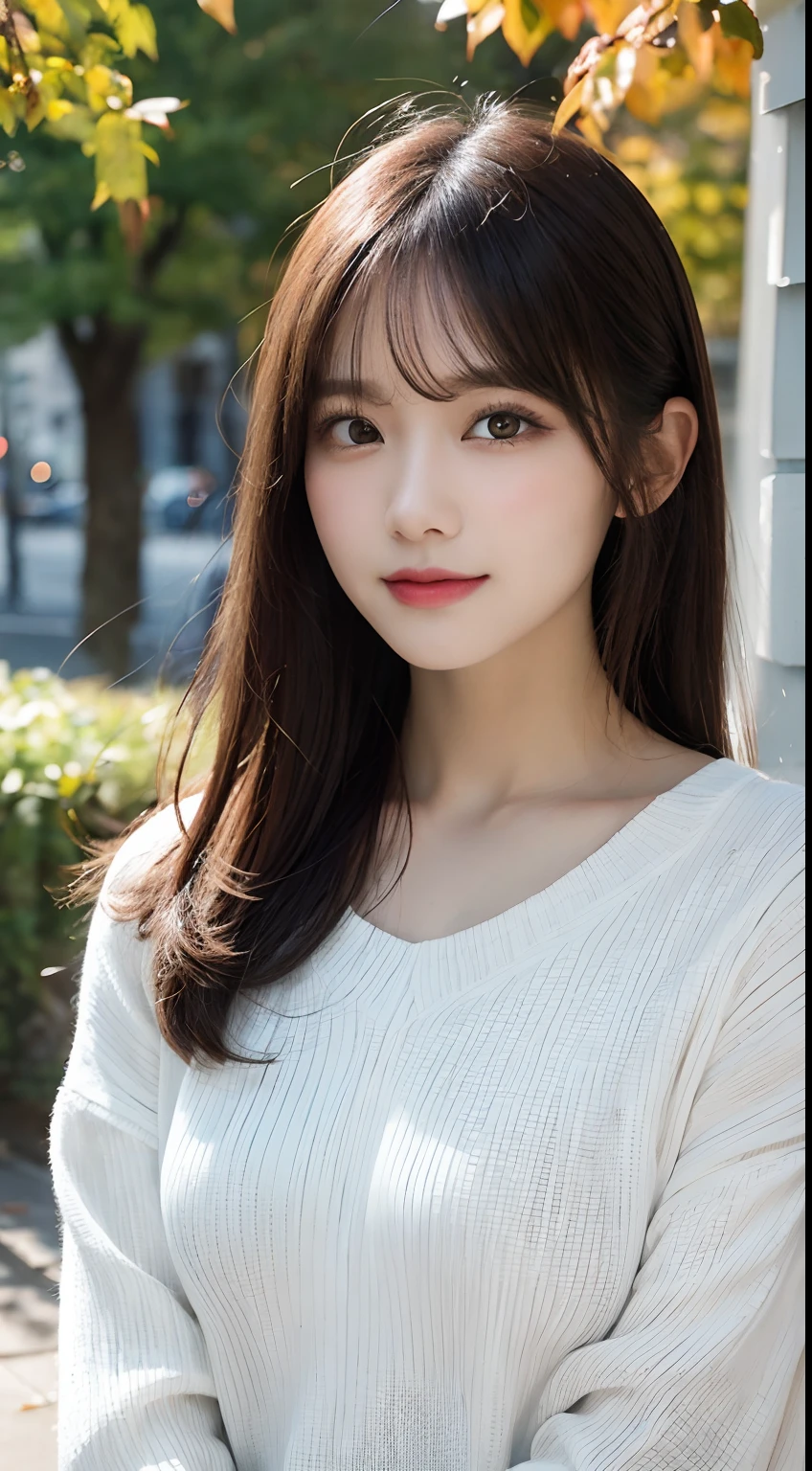 randome pose, mix4, (8K, Raw photography, top-quality, ​masterpiece: 1.45), (realisitic, Photorealsitic: 1.37), one girls, cute little, A smile、Cityscape, natta, profetional lighting, plain,a park,photon maping, Radio City, physically-based renderingt, Gradient black hair, white  hair, Long straight hair,gals,a handsome, girl with, large full breasts,long-sleeve,Autumn clothes,Autumn outfit,top quality photo, hight resolution, 1080p, (clearface), (Detailed face description), (Detailed hand description), (​masterpiece), realisticlying, extreme light and shadows, dishevled hair, ​masterpiece, lush detail, (Fine facial features), (Highest Quality Photos), (​masterpiece), (finely eye), dual、Look in front of you, Fine clavicle,Emphasis on the armpits、Show lower milk,