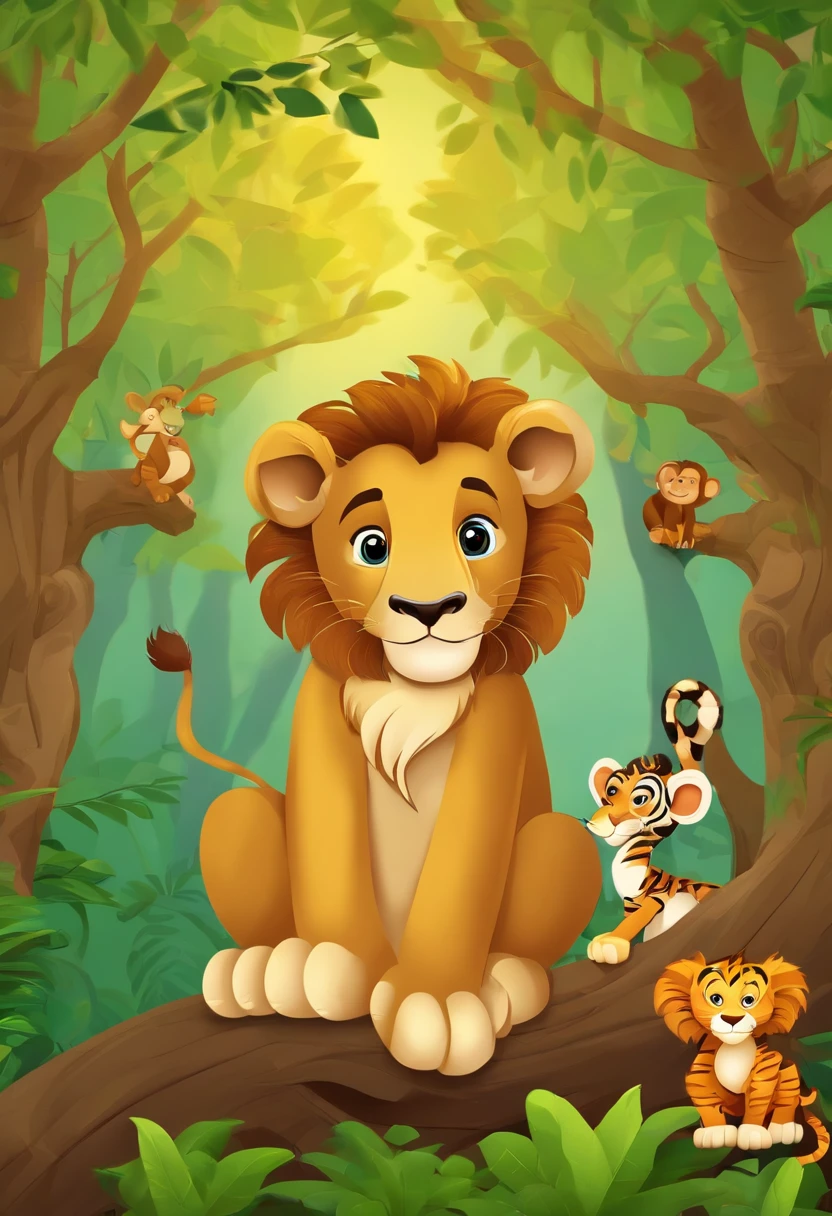 Lion, giraffe,Monkey in a tree,Elephant, tiger,Forest, beautiful nature kids style,animation graphique