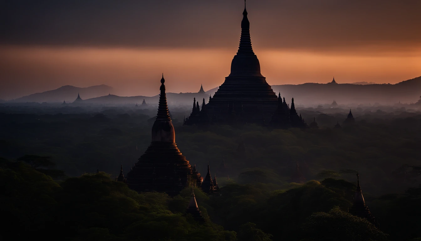 A night scene of Pagan Pagodas of Myanmar,, stary night, milky way in the sky, best composition, hyper detailed, masterpiece art work, long view, silhouette of pagodas , at night.soft light.