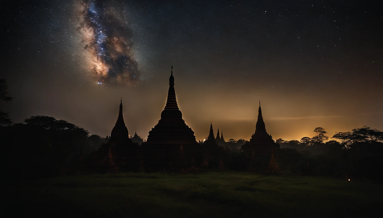 A night scene of Pagan Pagodas of Myanmar,, stary night, milky way in the sky, best composition, hyper detailed, masterpiece art work, long view, silhouette of pagodas , at night.soft light.