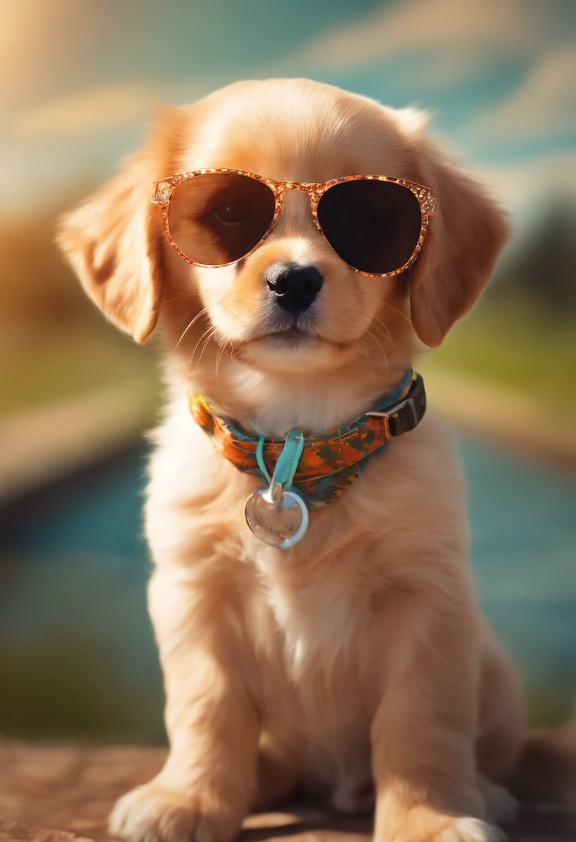 Draw a cute little puppy wearing sunglasses, curtindo um dia ensolarado no parque.