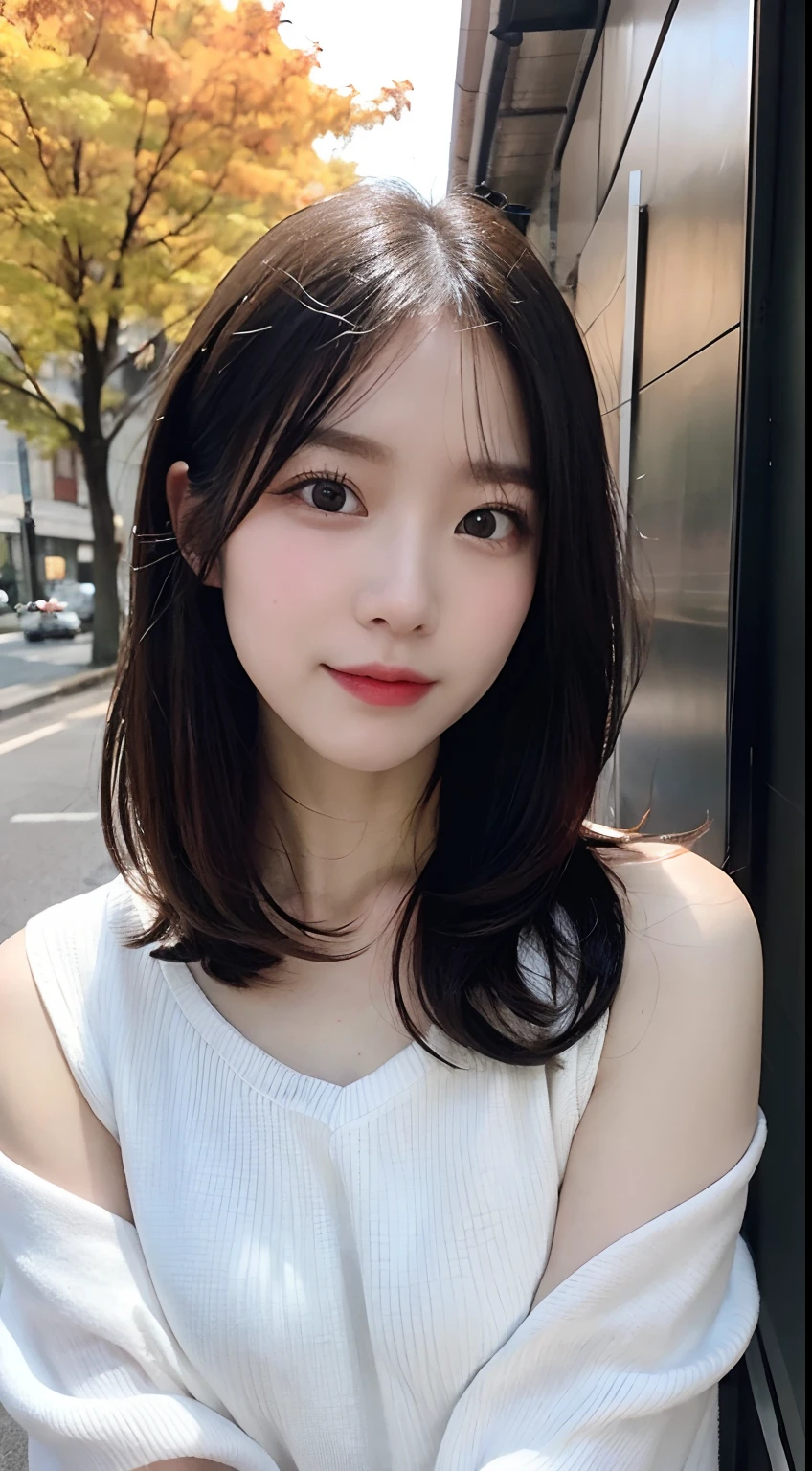 Highest quality,8k,Brown Hair,Shoulder-length bob,clear系美女,ccup,smile,Shiny skin,Casual clothing,Face close-up,Looking up,Strong sunlight, bright, She is smiling gently with the corners of her mouth turned up,Realistic skin texture,double eyelid,Japanese,Taking a selfie,Eye color is dark brown,garden,a sunny day,clear,19~22age,Photorealistic