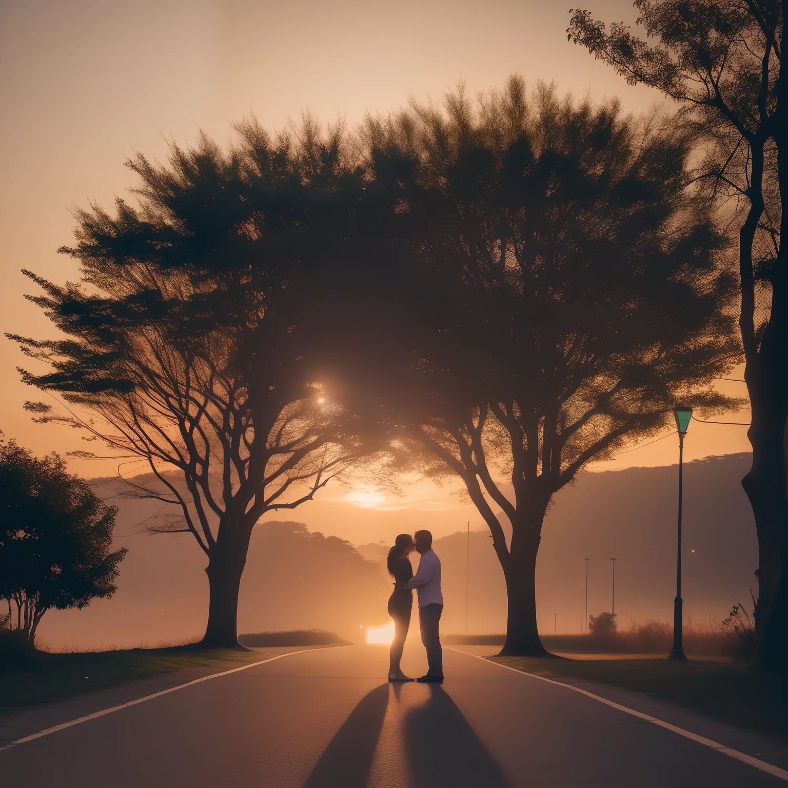 A man embracing a woman, em uma colina olhando o por do sol, cidade em festa em baixo da colina:: High contrast wide avenue in front full of trees, plane trees