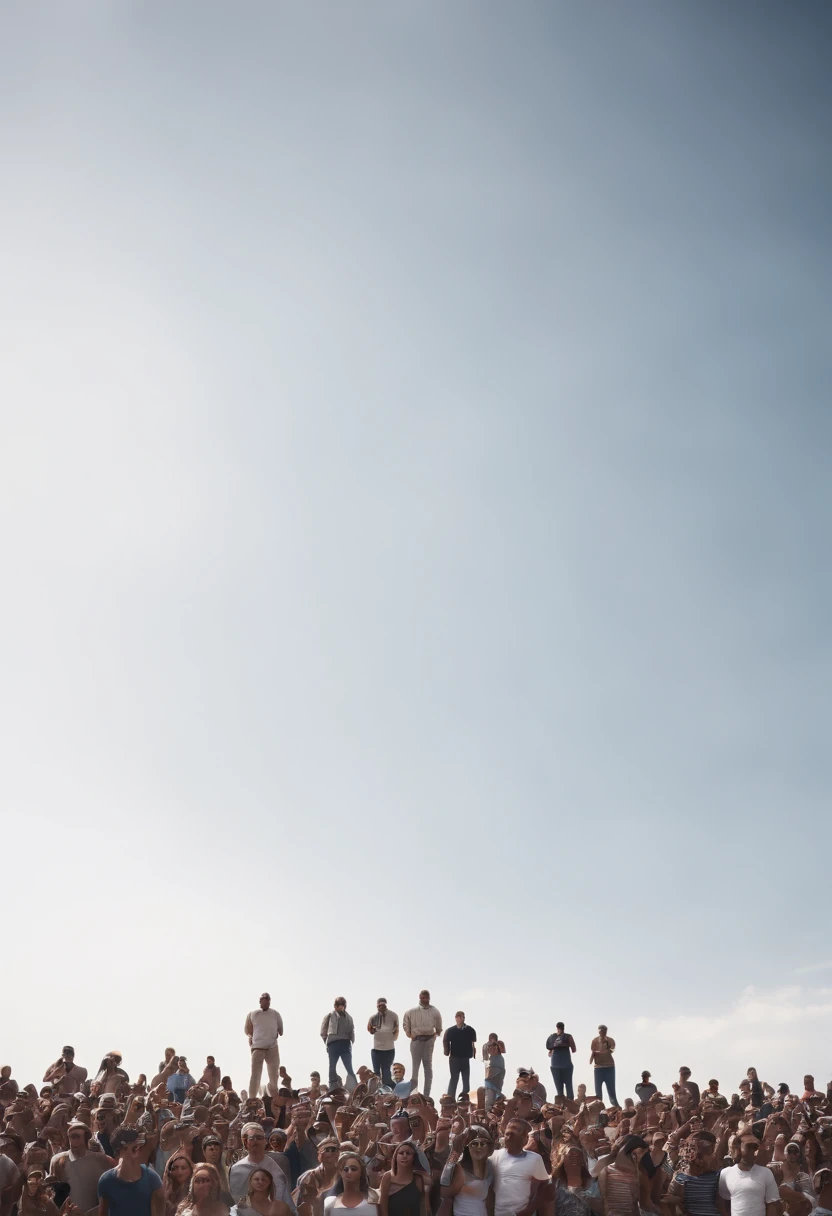 milions of pepole standing crammed and looking up , they are standing on a white ground , and the sky is white
