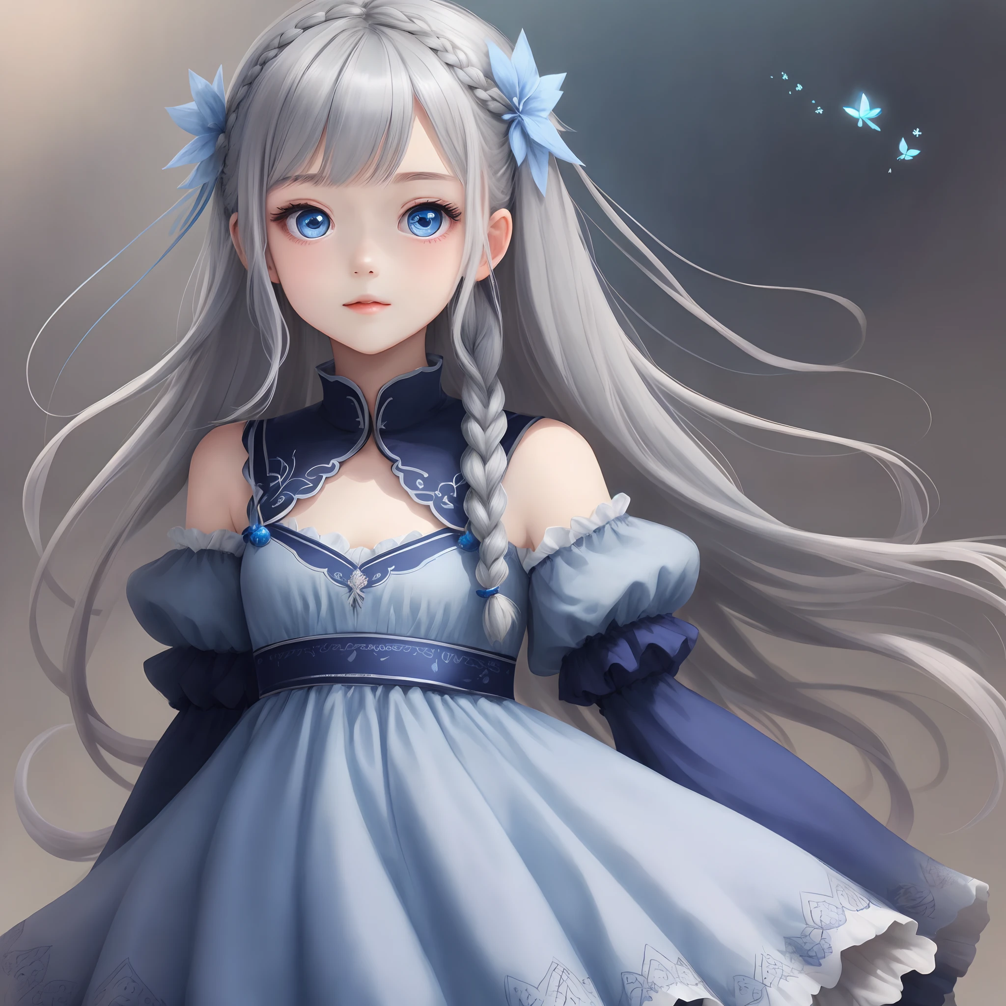 Girls by girl,,Long flowing hair,Beautiful hair accessories,Blue-grey hair accessories,Blue gauze dress,Fairy air fluttering,Delicate eyes and beautiful face,loli face,8K,Delicate eyes and beautiful face,Air bangs,God map,Twist braids,solid color backdrop