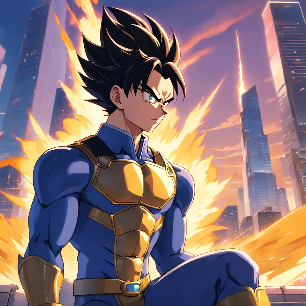 Vegeta, wearing a black suit, with a cigarette in his mouth, sitting on a chair that highlights his power and influence, masculine, Dragon Ball,illustration,highres,ultra-detailed,sharp focus,dramatic lighting,vivid colors,realistic style, cigarette smoke, confident expression, tailored suit, strong and muscular physique, intense gaze, aura of energy, iconic Saiyan armor, crossed arms, cityscape background