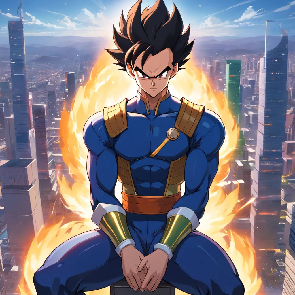 Vegeta, wearing a black suit, with a cigarette in his mouth, sitting on a chair that highlights his power and influence, masculine, Dragon Ball,illustration,highres,ultra-detailed,sharp focus,dramatic lighting,vivid colors,realistic style, cigarette smoke, confident expression, tailored suit, strong and muscular physique, intense gaze, aura of energy, iconic Saiyan armor, crossed arms, cityscape background