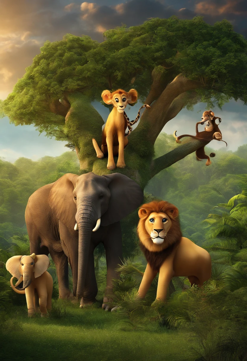 Lion, giraffe,Monkey in a tree,Elephant, tiger,Forest, beautiful nature kids style,animation graphique