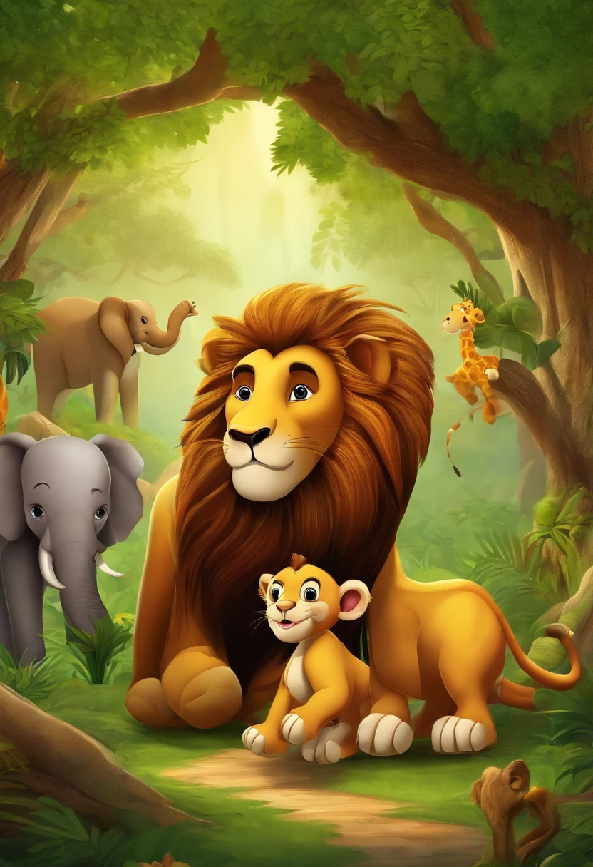 Lion, giraffe,Monkey in a tree,Elephant, tiger,Forest, beautiful nature kids style,animation graphique