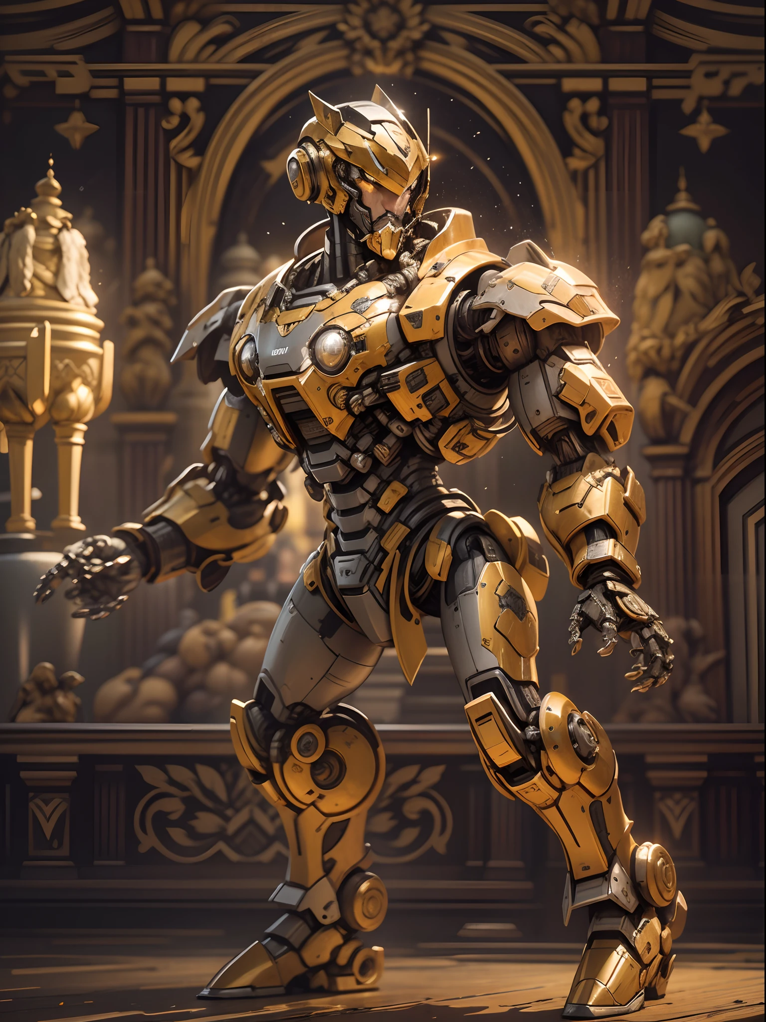 Intricately detailed Baroque-style mecha robot, engraved armor, cowboy shot, a golden palace in the background, cinematic lighting.