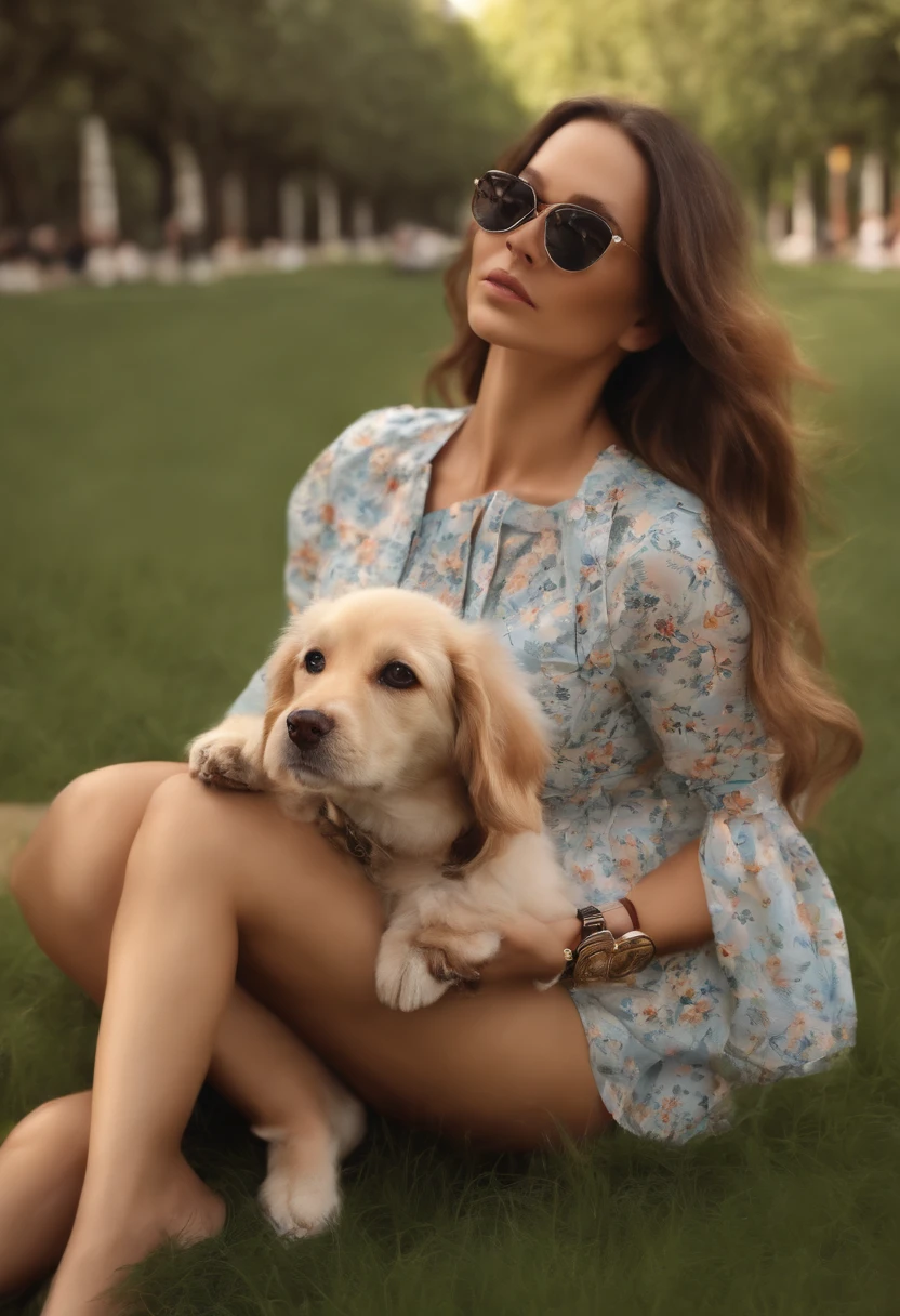 Draw a woman with cute and small puppy blouse wearing sunglasses, curtindo um dia ensolarado no parque.