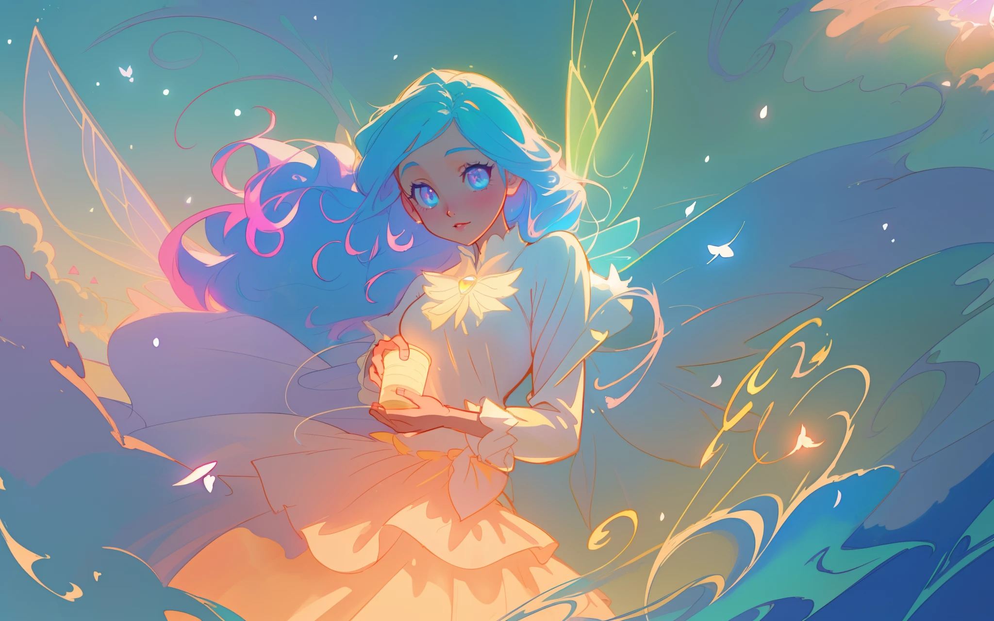beautiful anime girl in flowing long sleeve ruffle layered ballgown, ((fairy wings)), inspired by Glen Keane, inspired by Lois van Baarle, (disney art style), by Lois van Baarle, glowing aura around her, by Glen Keane, jen bartel, glowing lights! digital painting, flowing glowing hair, glowing flowing hair, beautiful digital illustration, fantasia background, whimsical, magical, fantasy, ((masterpiece, best quality)), intricate details, highly detailed, sharp focus, 8k resolution, sparkling detailed eyes, liquid watercolor, swirling magical lines of light. pastel colors