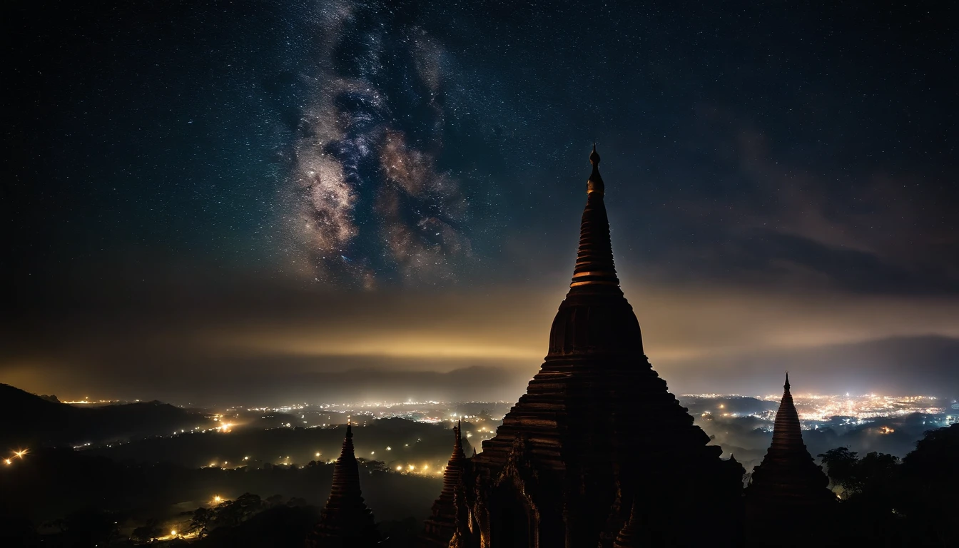 A night scene of Pagan Pagodas of Myanmar,, stary night, milky way in the sky, best composition, hyper detailed, masterpiece art work, long view, silhouette of pagodas , at night.soft light.