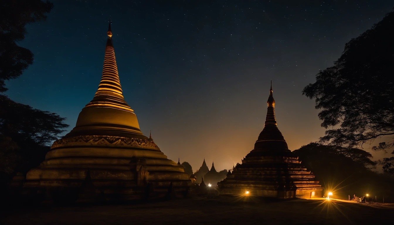A night scene of Pagan Pagodas of Myanmar,, stary night, milky way in the sky, best composition, hyper detailed, masterpiece art work, long view, silhouette of pagodas , at night.soft light.