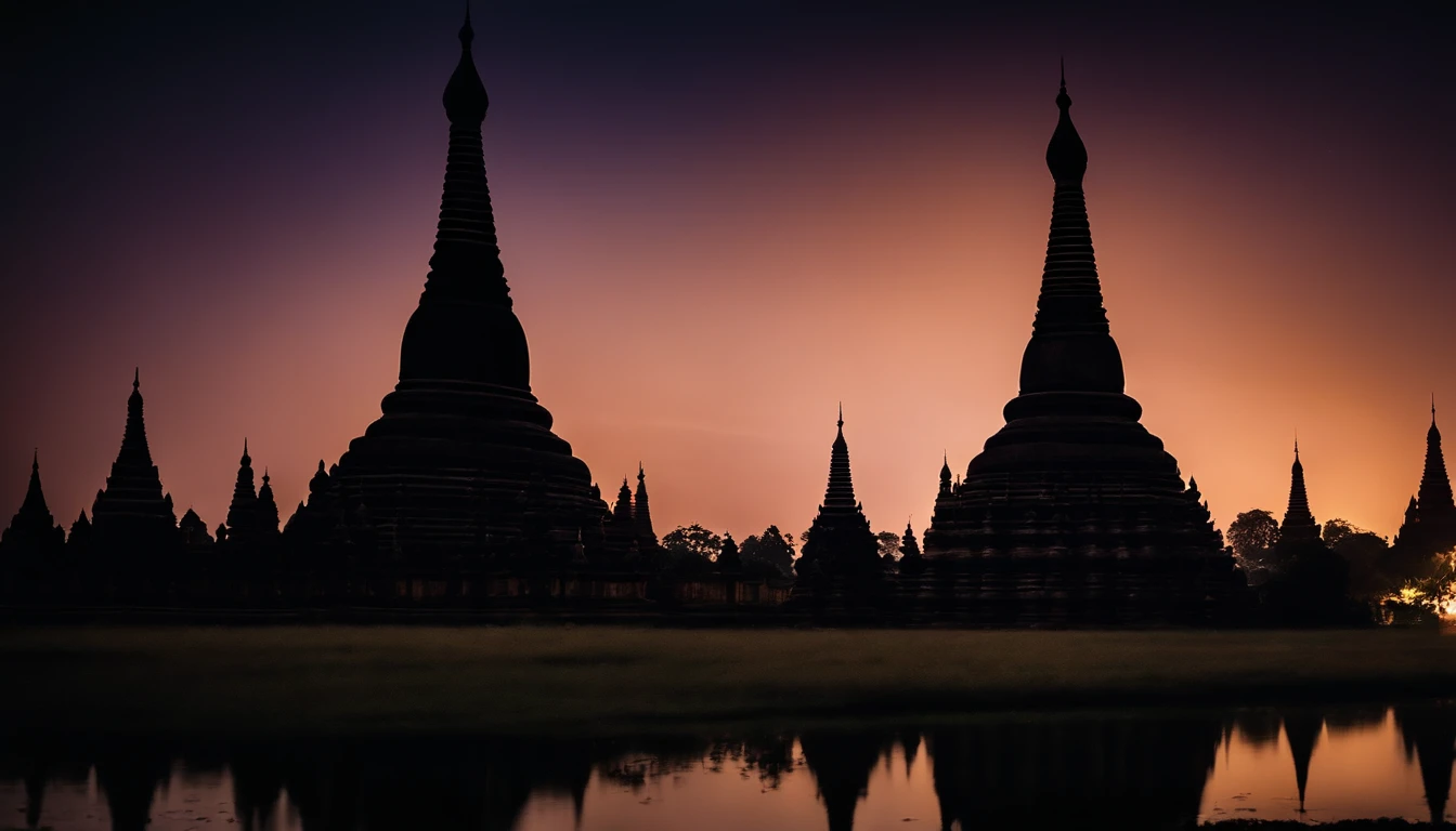 A night scene of Pagan Pagodas of Myanmar,, stary night, milky way in the sky, best composition, hyper detailed, masterpiece art work, long view, silhouette of pagodas , at night.soft light.