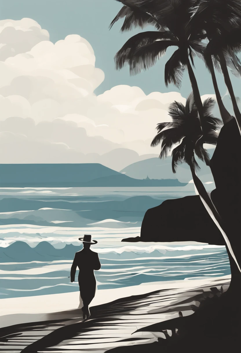 a comics-style illustration featuring Baden Powell at the Rio de Janeiro beach, his figure outlined with bold, dynamic lines against the backdrop of the sea and cityscape. The scene exudes a sense of adventure, with the waves crashing energetically onto the shore. Baden Powell's face is etched with determination, his eyes focused on the horizon. The color scheme is vibrant, with strong contrasts between the blues of the ocean and the warm tones of the sand. The lighting is dynamic, emphasizing the movement and vitality of the scene. The atmosphere resonates with the spirit of exploration and the call of new horizons.