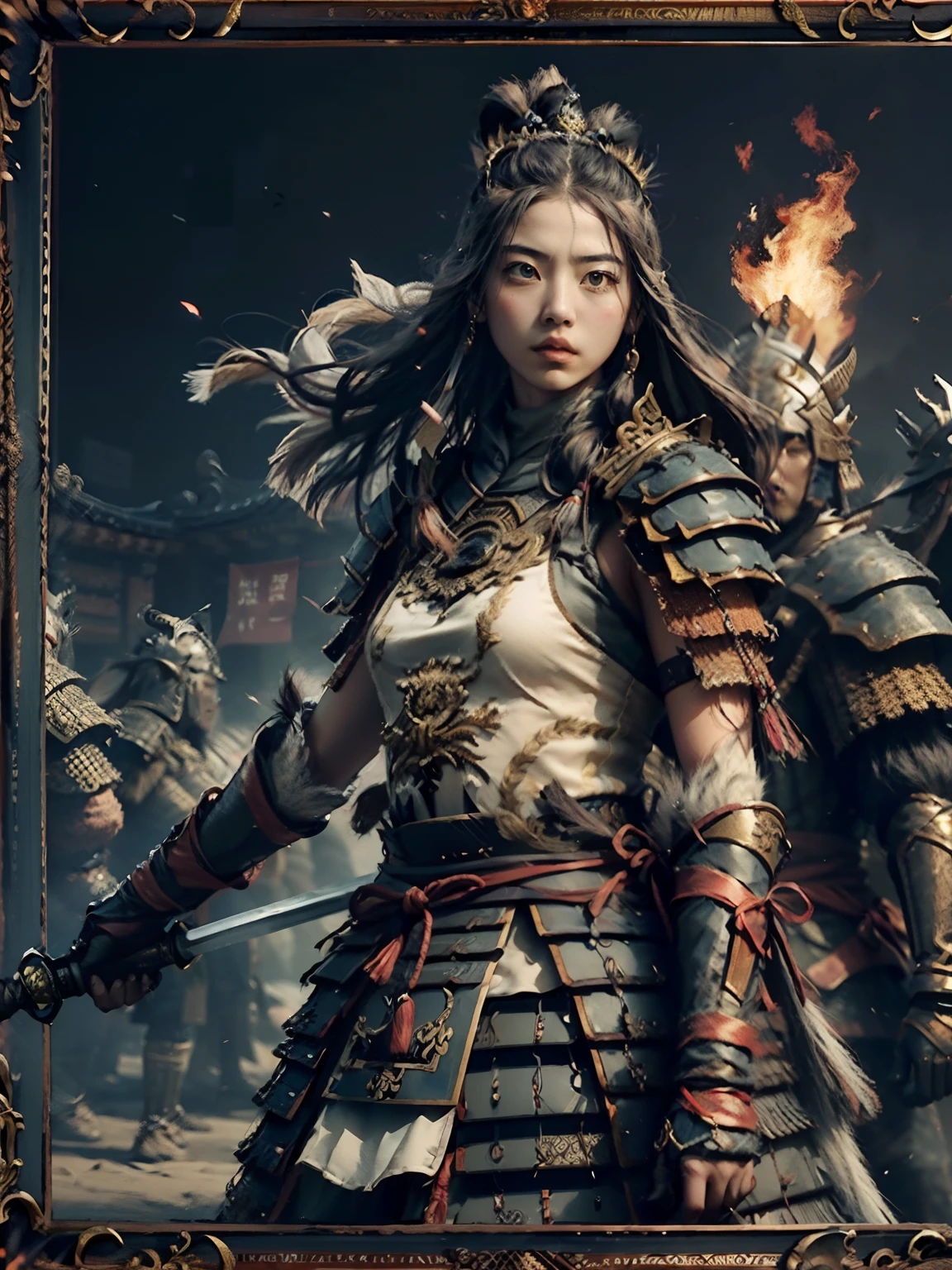1girl, asian dynasty warriors girl, 20yo, warrior princess, pretty, holding sword, dark background, shot by iphone cameras, noise image, raw image, popped, tank top, small frame, background ancient tokyo, playing with fire, nude