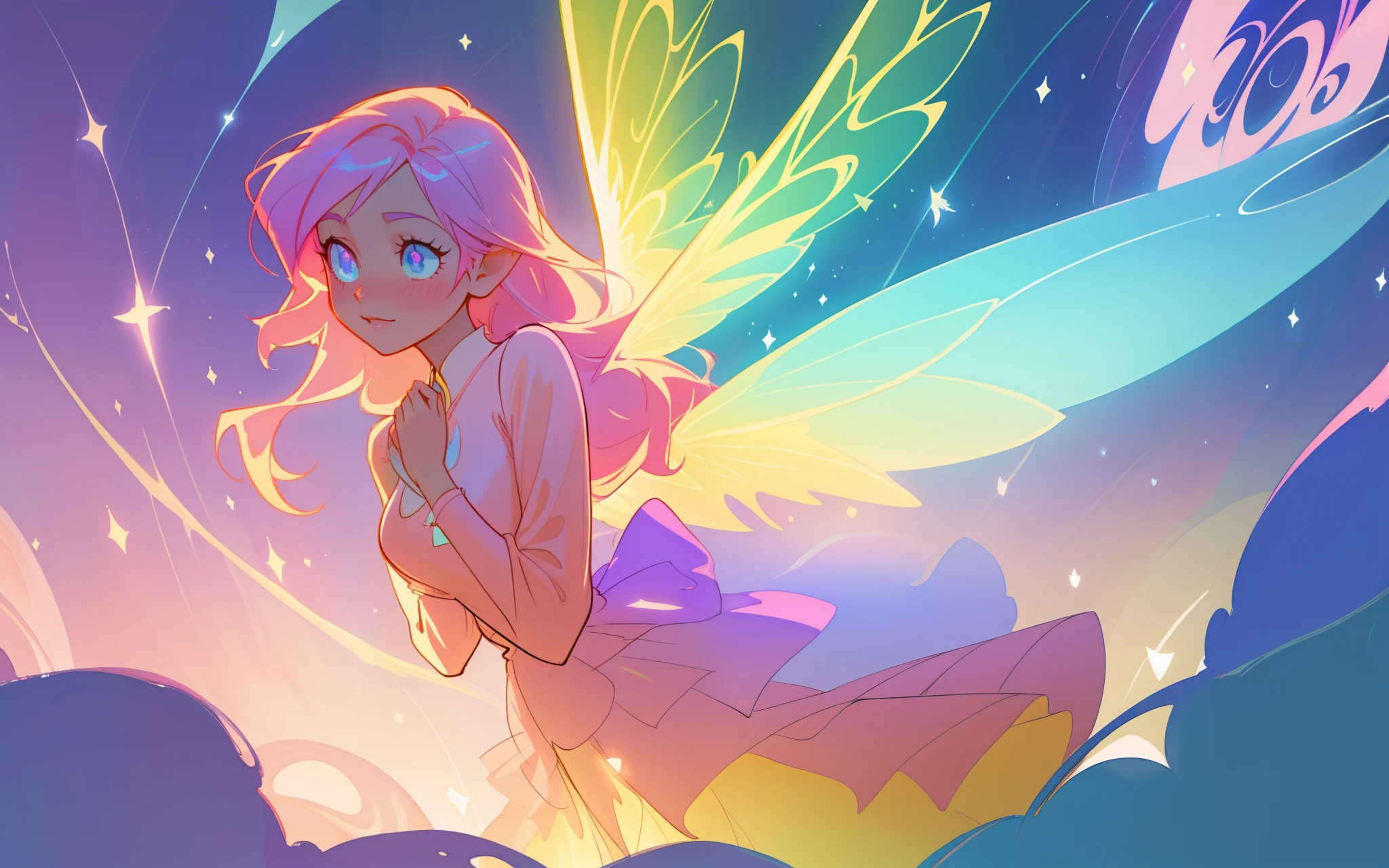 beautiful anime girl in flowing long sleeve ruffle layered ballgown, ((fairy wings)), inspired by Glen Keane, inspired by Lois van Baarle, (disney art style), by Lois van Baarle, glowing aura around her, by Glen Keane, jen bartel, glowing lights! digital painting, flowing glowing hair, glowing flowing hair, beautiful digital illustration, fantasia background, whimsical, magical, fantasy, ((masterpiece, best quality)), intricate details, highly detailed, sharp focus, 8k resolution, sparkling detailed eyes, liquid watercolor, swirling magical lines of light. pastel colors