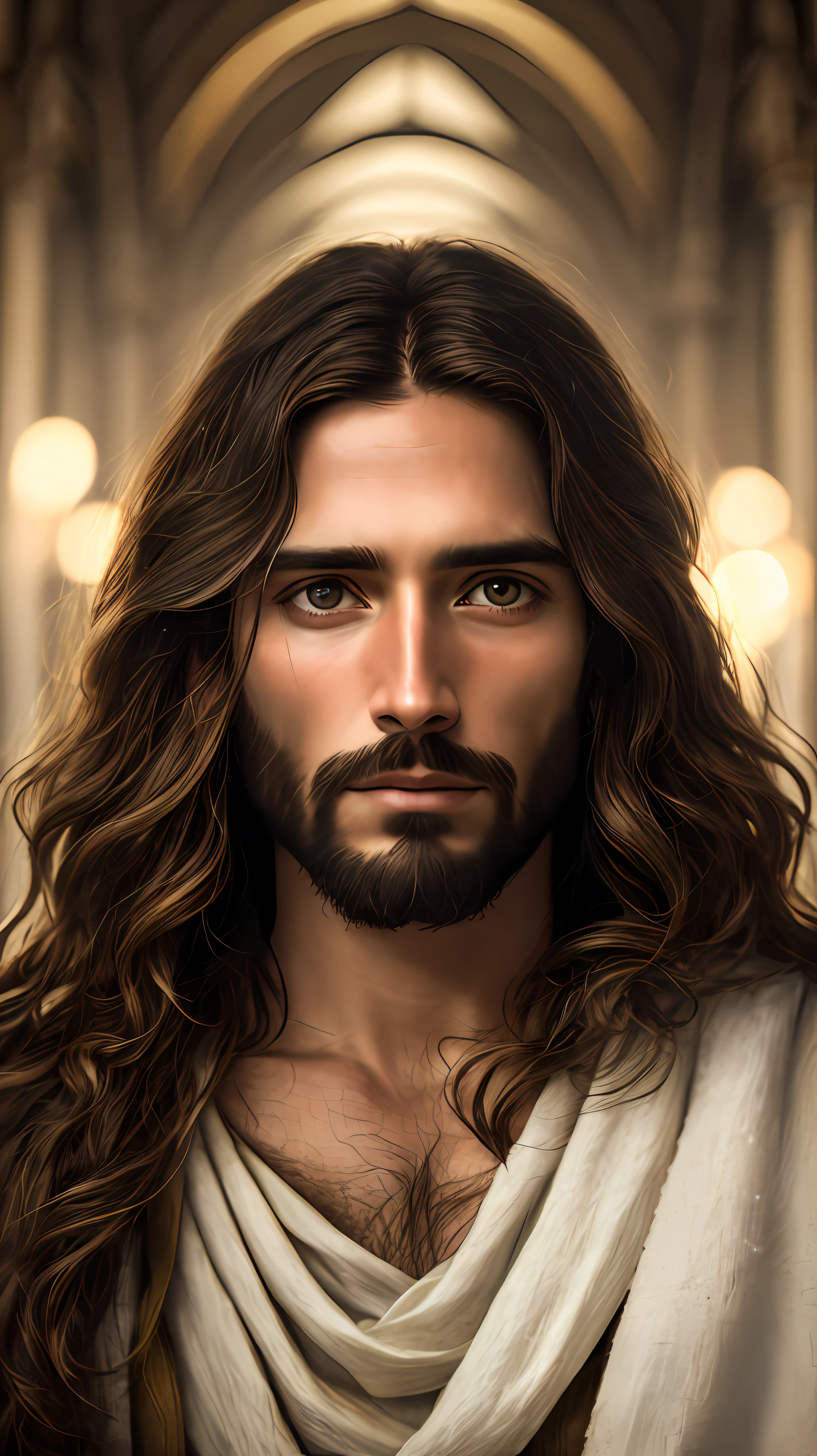 portrait of modern day Jesus, cinematic lighting, depth of field, bokeh, realism, photorealistic, hyperrealism, professional photography, uhd, dslr, hdr