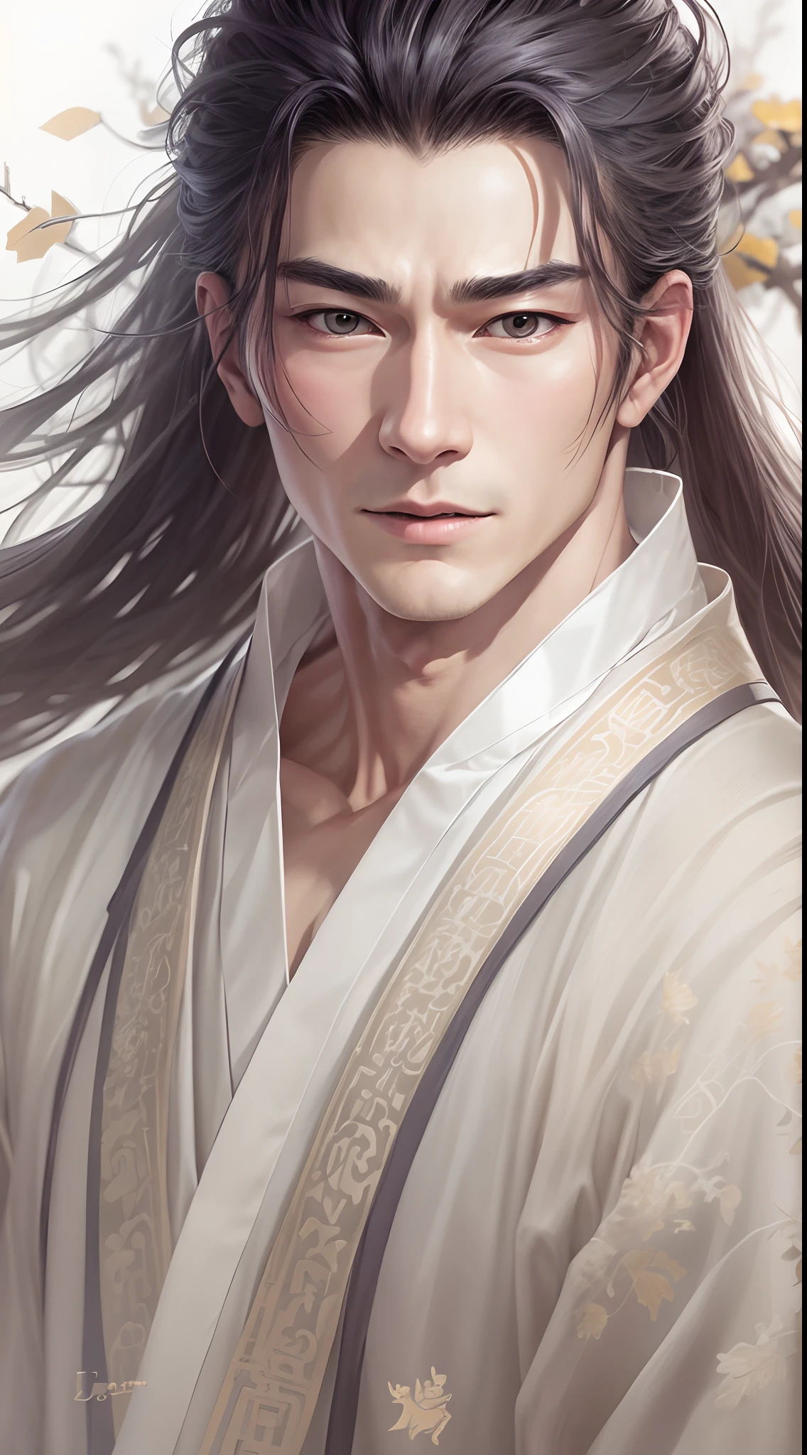 Handsome and tall handsome guy 1.4,Long messy hair,Wearing ancient white Hanfu