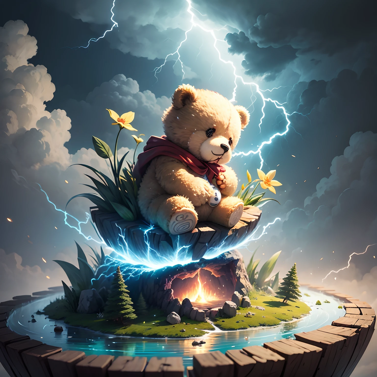 teddy bear crying on a mini floating island, with lightning clouds above him, drawing, 2d --auto --s2