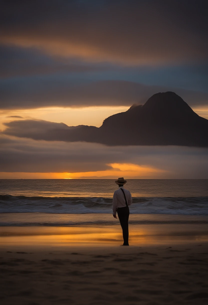 a captivating photograph capturing Baden Powell on the beach in Rio de Janeiro, framed by the breathtaking expanse of the ocean and the city skyline. The lens size is 50mm, providing a balanced perspective of the scene. The colors are natural and vivid, with the golden sand contrasting against the deep blue sea and the city lights starting to twinkle in the distance. Baden Powell's expression is one of quiet contemplation, a reflection of his deep connection to nature. The lighting is soft, with the setting sun casting a warm glow over the landscape. The atmosphere radiates a sense of serenity and purpose.