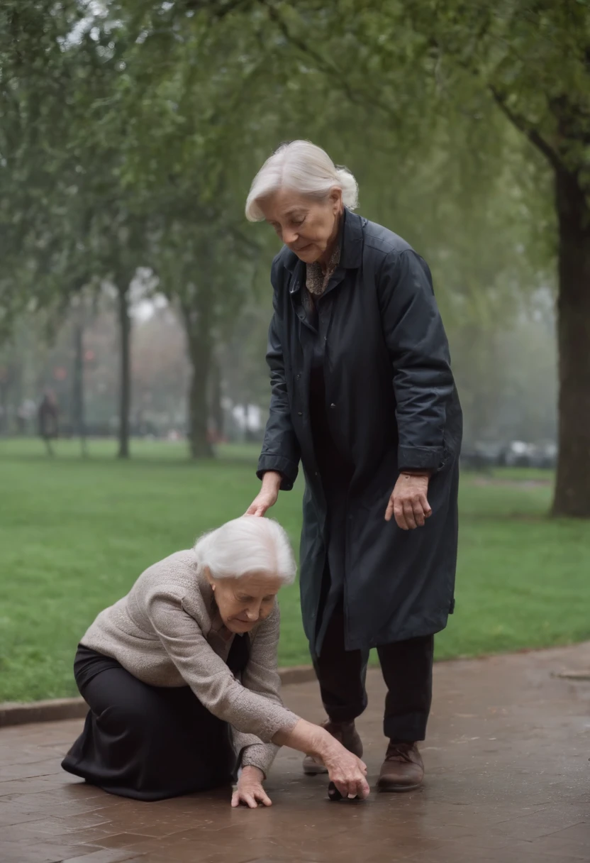 a young man helping an old woman that fell on the ground to stand up , in the park its raining