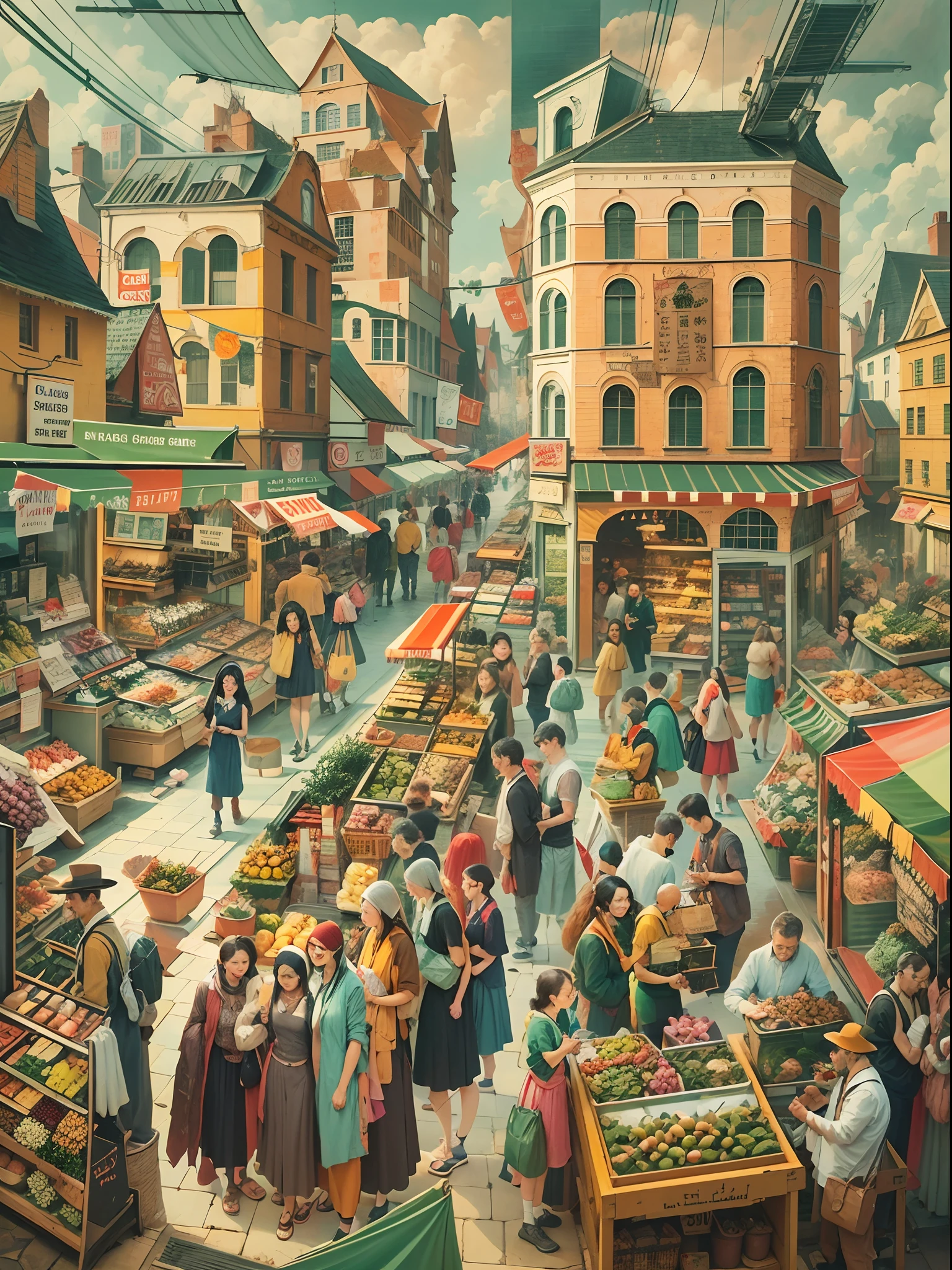 Cubist painting of a bustling city market with different perspectives of people and stalls