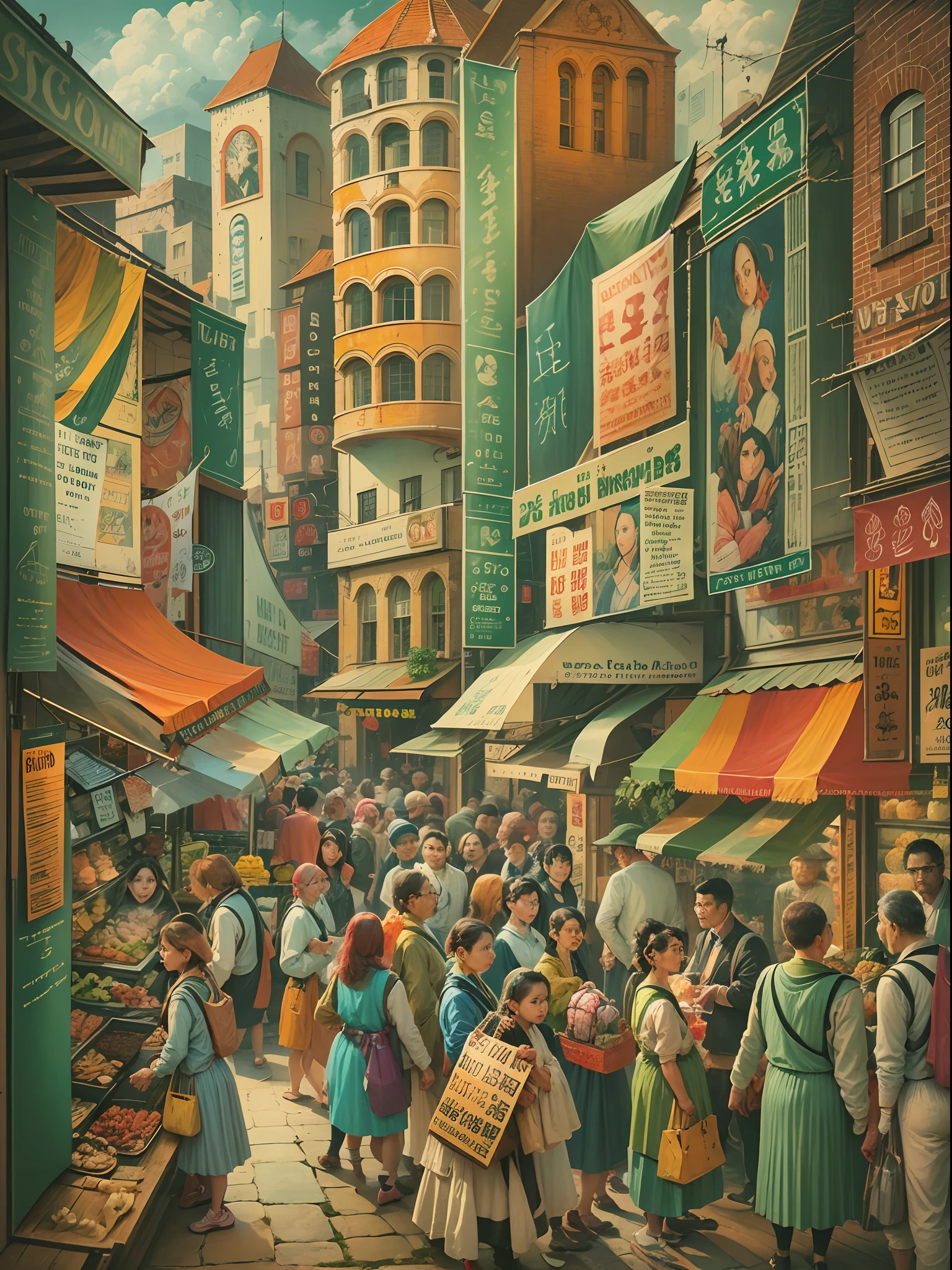 Cubist painting of a bustling city market with different perspectives of people and stalls