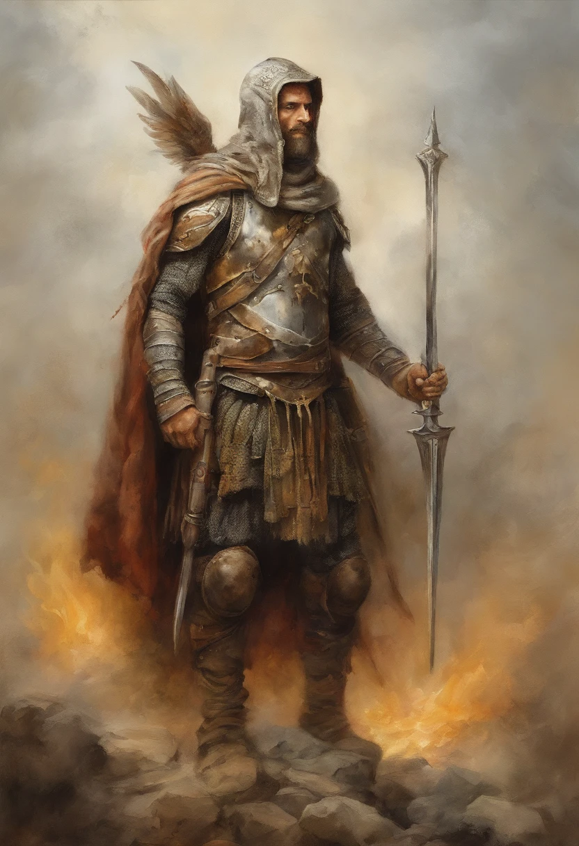 Realistic, 4k, Um anjo + Rei esqueleto com detalhes intrincados, Presentation of detailed information items and skill images with dynamic effects + com asas grandes, uma espada, a hood over his head in the background image of a war (caos)