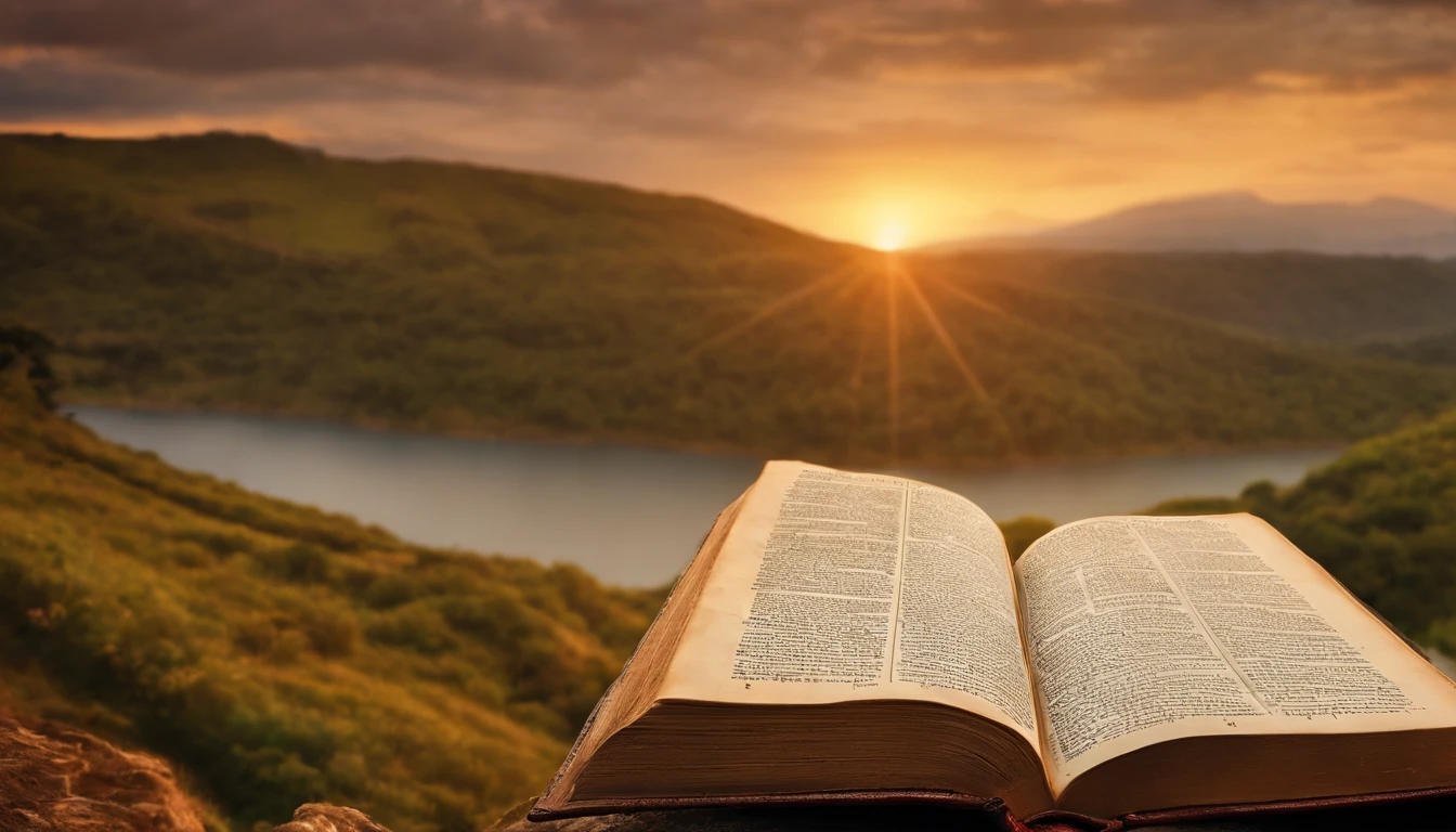 description: Crie uma imagem ilustrativa para a foto de capa do YouTube, highlighting an open Bible, mostrando passagens significativas. Add symbolic elements of Bible stories around the Bible. Use cores suaves e douradas para transmitir uma atmosfera serena. Add artistic details, remetendo ao estilo das escrituras antigas. The goal is to underscore the importance of the Bible as a spiritual guide and source of wisdom and inspiration.