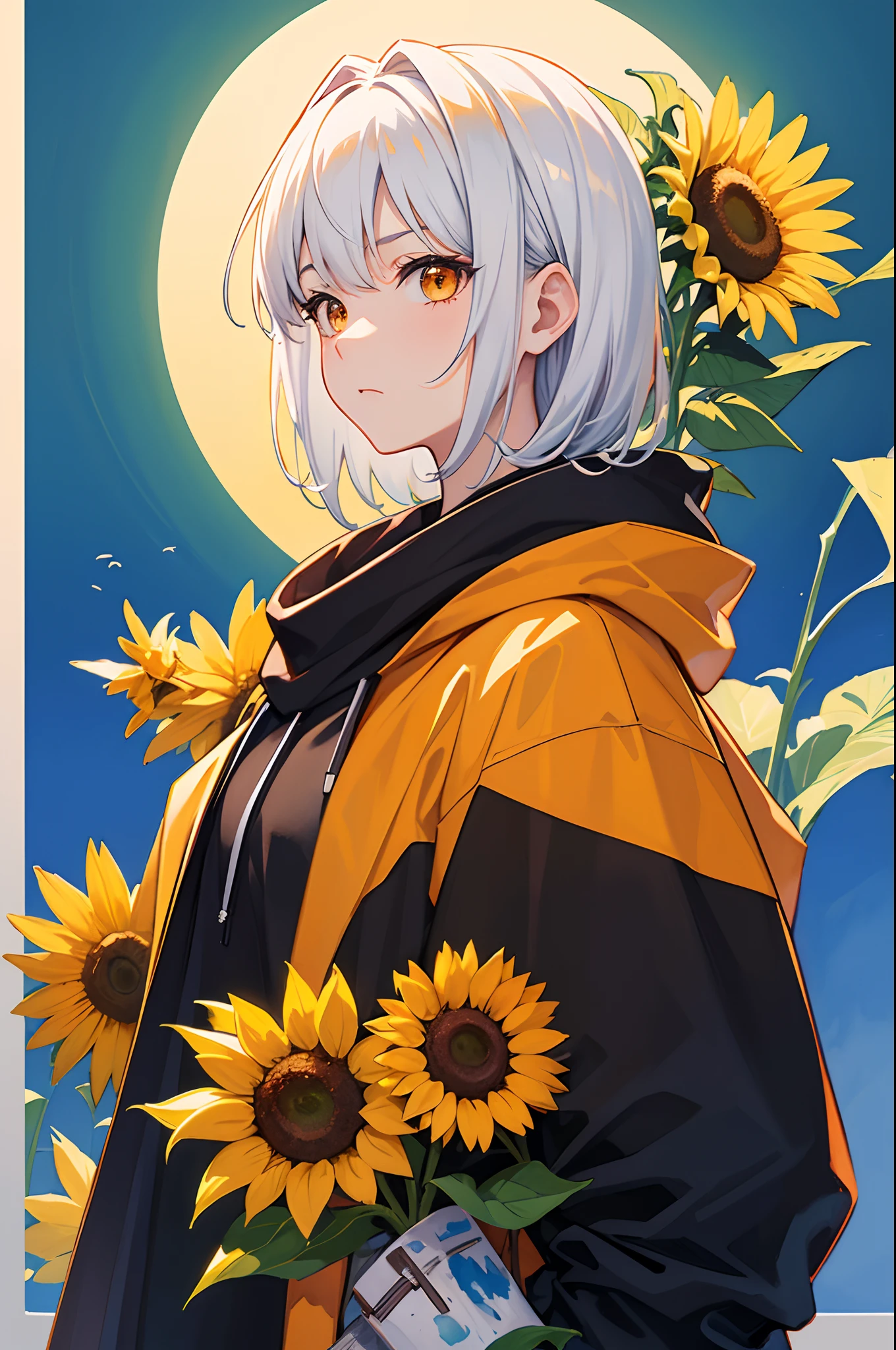 (masterpiece, best quality: 1.2), #3b4195 background, facing viewer, looking into camera, 1girl, (watercolor pattern of calming colors), white short hair, sunflower pin, black plastic samurai mask, black modern scarf. orange eyes, green hoodie, not happy, profile picture, beautiful detailed eyes, 8k, trending on ArtStation, featured on Pixiv, ultra detailed