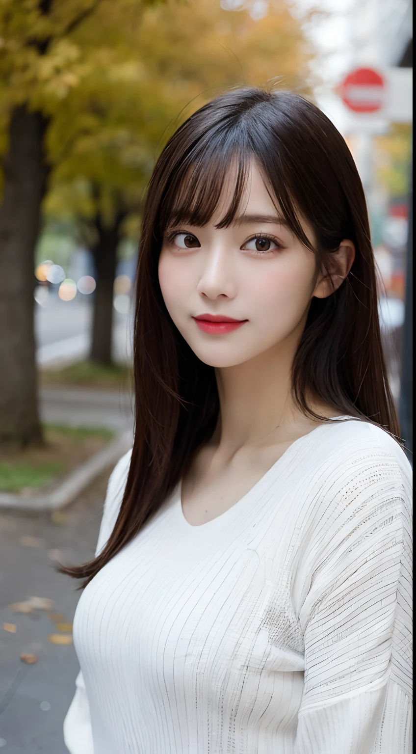 randome pose, mix4, (8K, Raw photography, top-quality, masterpiece: 1.45), (realisitic, Photorealsitic: 1.37), one girls, cute little, A smile、Cityscape, natta, profetional lighting, plain,a park,photon maping, Radio City, physically-based renderingt, Gradient black hair, white hair, Long straight hair,gals,a handsome, girl with, large full breasts,long-sleeve,Autumn clothes,Autumn outfit,top quality photo, hight resolution, 1080p, (clearface), (Detailed face description), (Detailed hand description), (masterpiece), realisticlying, extreme light and shadows, dishevled hair, masterpiece, lush detail, (Fine facial features), (Highest Quality Photos), (masterpiece), (finely eye), dual、Look in front of you, Fine clavicle,Emphasis on the armpits、Show lower milk,