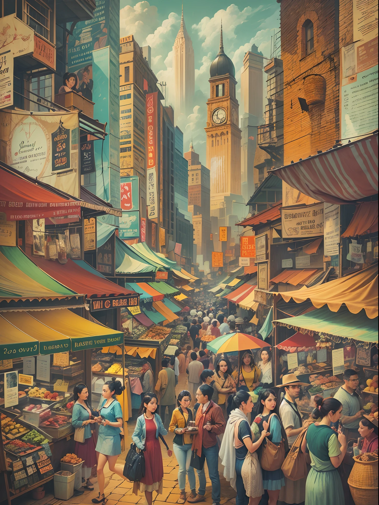 Cubist painting of a bustling city market with different perspectives of people and stalls