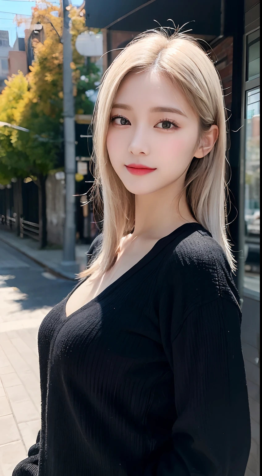randome pose, mix4, (8K, Raw photography, top-quality, masterpiece: 1.45), (realisitic, Photorealsitic: 1.37), one girls, cute little, A smile、Cityscape, natta, profetional lighting, plain,a park,photon maping, Radio City, physically-based renderingt, Gradient black hair, white hair, Long straight hair,gals,a handsome, girl with, large full breasts,long-sleeve,Autumn clothes,Autumn outfit,top quality photo, hight resolution, 1080p, (clearface), (Detailed face description), (Detailed hand description), (masterpiece), realisticlying, extreme light and shadows, dishevled hair, masterpiece, lush detail, (Fine facial features), (Highest Quality Photos), (masterpiece), (finely eye), dual、Look in front of you, Fine clavicle,Emphasis on the armpits、Show lower milk,