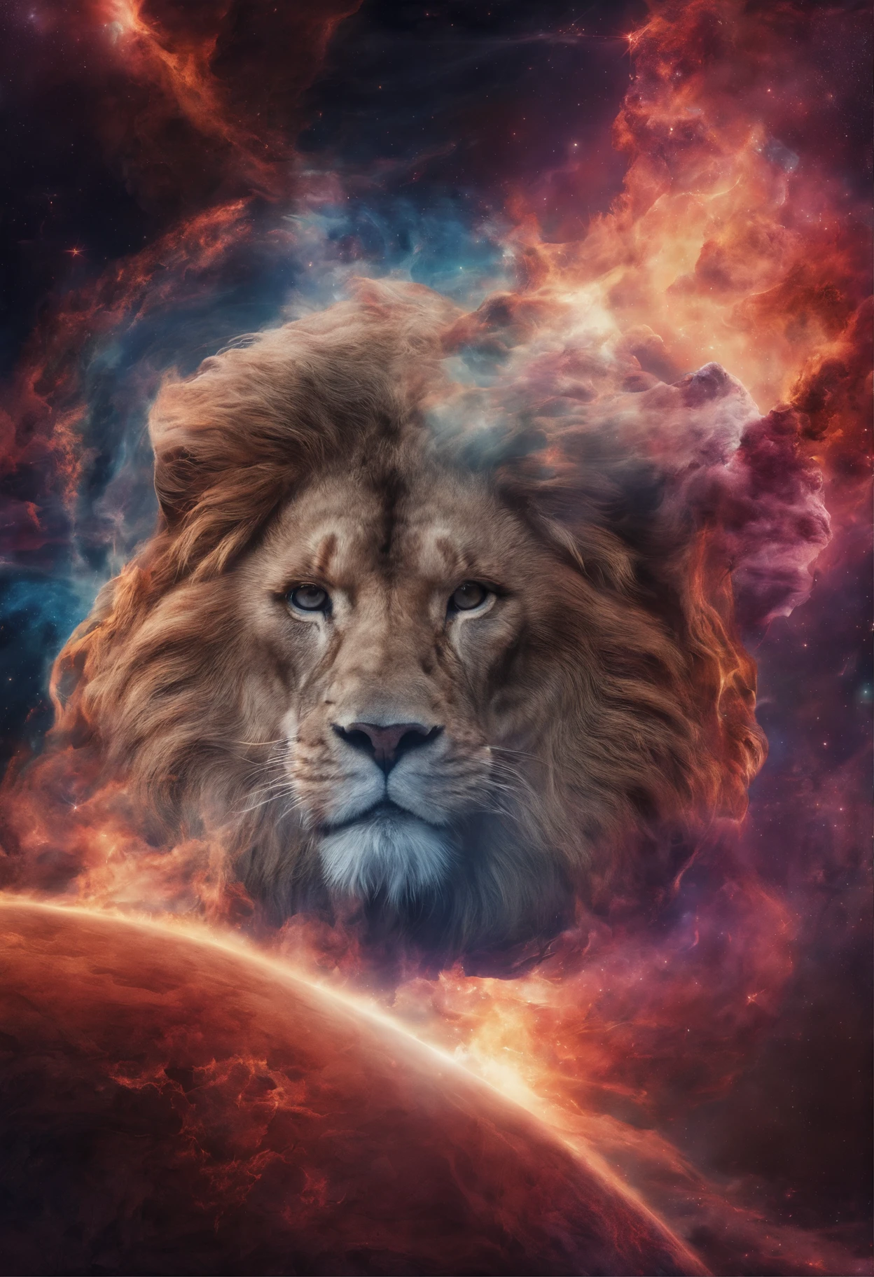 a photograph Galaxies, espirais, outer space, Nebulosas, estrelas, smoke billowing,espatacular imagem, detalhe intrincado, in the form of a two lion, octane rendering, 8k hiper realista, Textura realista, Unreal Natural Lighting Engine, cinestill 800, (mola a 35mm |)