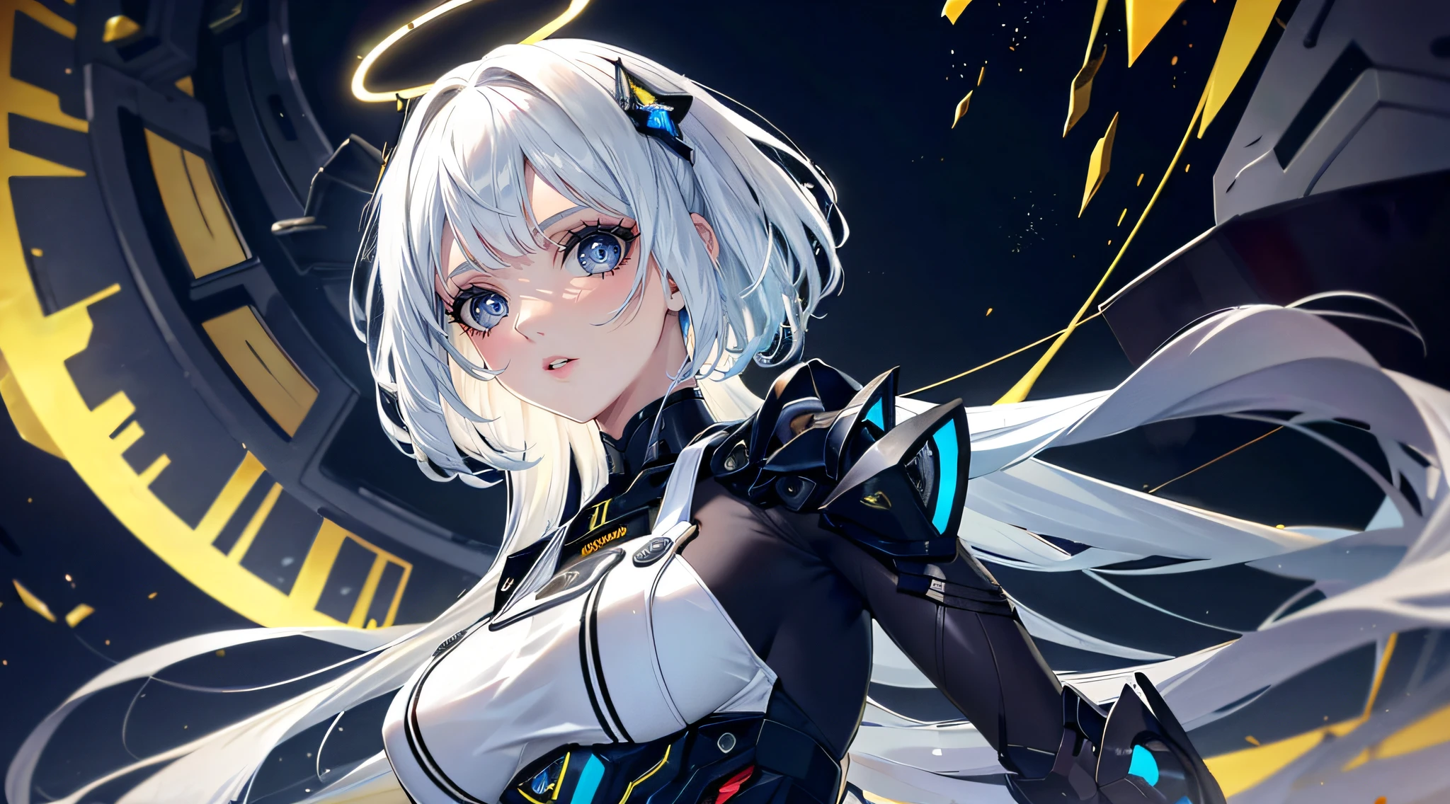 1girls, Electronic blue color, whited , Pastel colors、Bright atmosphere、Machine Man、White hair、Futuristic atmosphere、Despressing、white eyes、Longhaire、Exposed、the body is connected by a cable、Slender body, Upper body, headgear, machine wings, the universe, The god Machines, smile