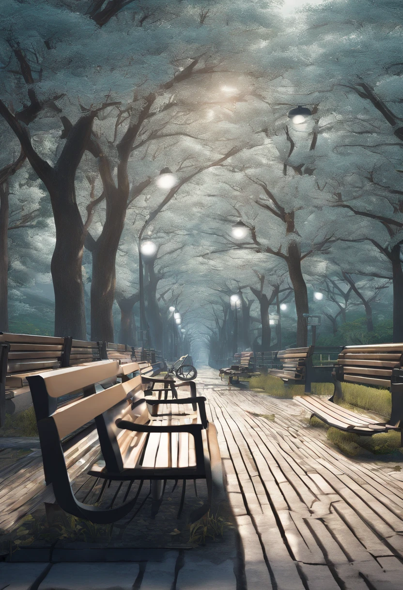 (No people), unmanned, nobody, landscape, Winters, tokyo prefecture, Park, tree, day, Benches, HD Detail, Ultra Detail, movie, Hyper-Realism, Soft light, Deep focus bokeh, Ray tracing, Art Station pixivgwise, By Shinkai Makoto, Art Germ