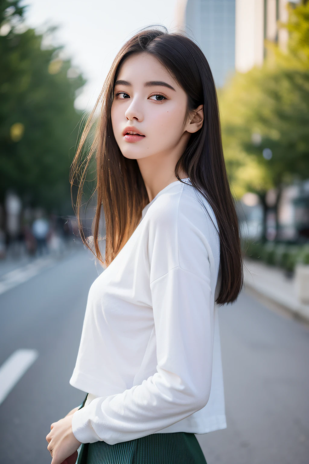 top-quality, ​masterpiece, 超A high resolution, Photorealsitic, Raw foto, ((one beautiful women)), 22year old, Detailed face, beautidful eyes, depth of fields, the city street, white t-shirts, full body shot, dinamic pose, wearing jackets, wearing skirt