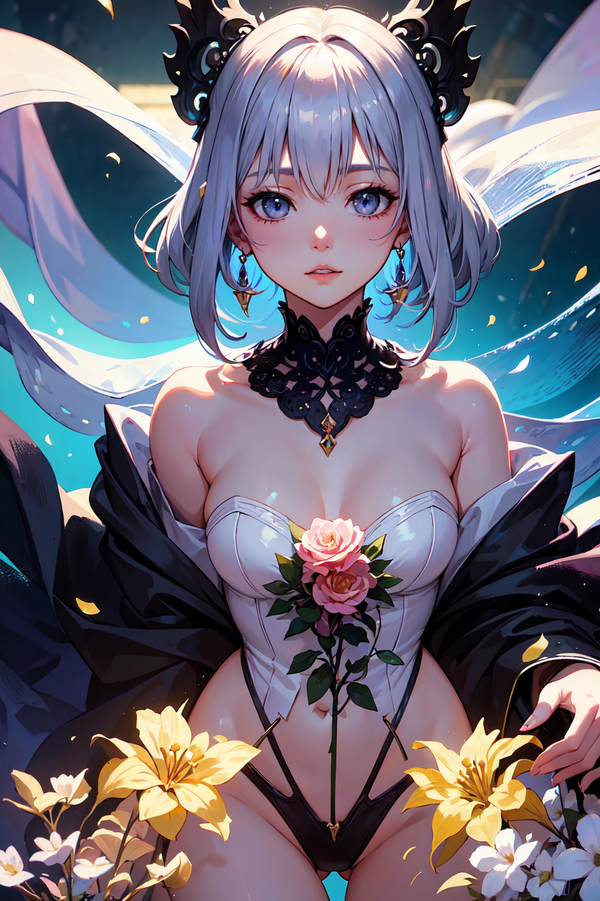 Luxurious robes,(small tits), Colossal, Twin-tailed, Silver hair, Priest, Side, Saint, Nasty,lowerbody,Hands in the ??????,Venetian masks,(best quality, 8k, masterpiece:1.2, ,ultra-detailed,realistic,photorealistic),Cutest,Cute girl,solo,mesugaki,Beautiful face,Beautiful eyes,Beautiful hair,Beautiful skins,skin whitening, light skinned,Lots of colorful flowers,studio lighting,ultra-fine painting,sharp focus,physically-based rendering,extreme detail description,professional,vivid colors,photography,concept artists,soft pastel colors,warm lighting.