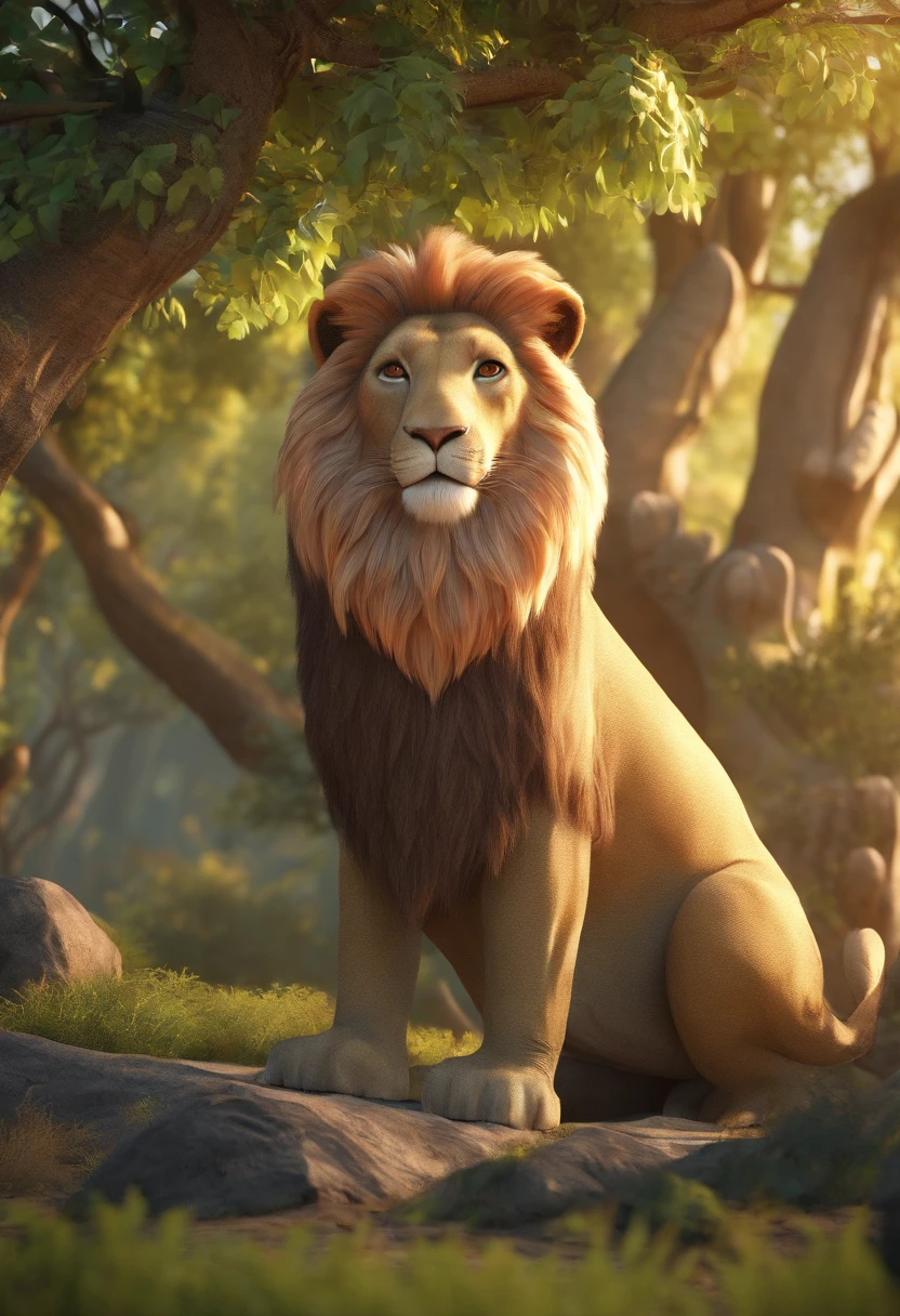 (best quality,4k,8k,highres,masterpiece:1.2),ultra-detailed,realistic,3D rendering,portrait,miniature style,lion,clothed body,detailed face,expressive eyes,painted texture,sculpted mane,king of the jungle,roaring pose,miniature trees,dramatic lighting,vibrant colors,dynamic composition